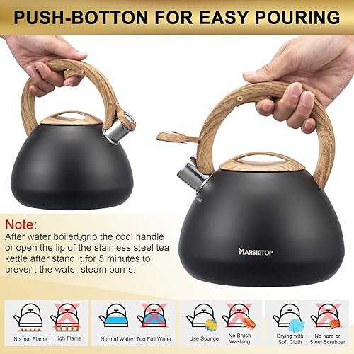 Miniatura 4 de MARSKITOP Tetera para estufa, tetera silbante para estufa, tetera de acero inoxidable de grado alimenticio con mango ergonómico Cool Touch, 2.6