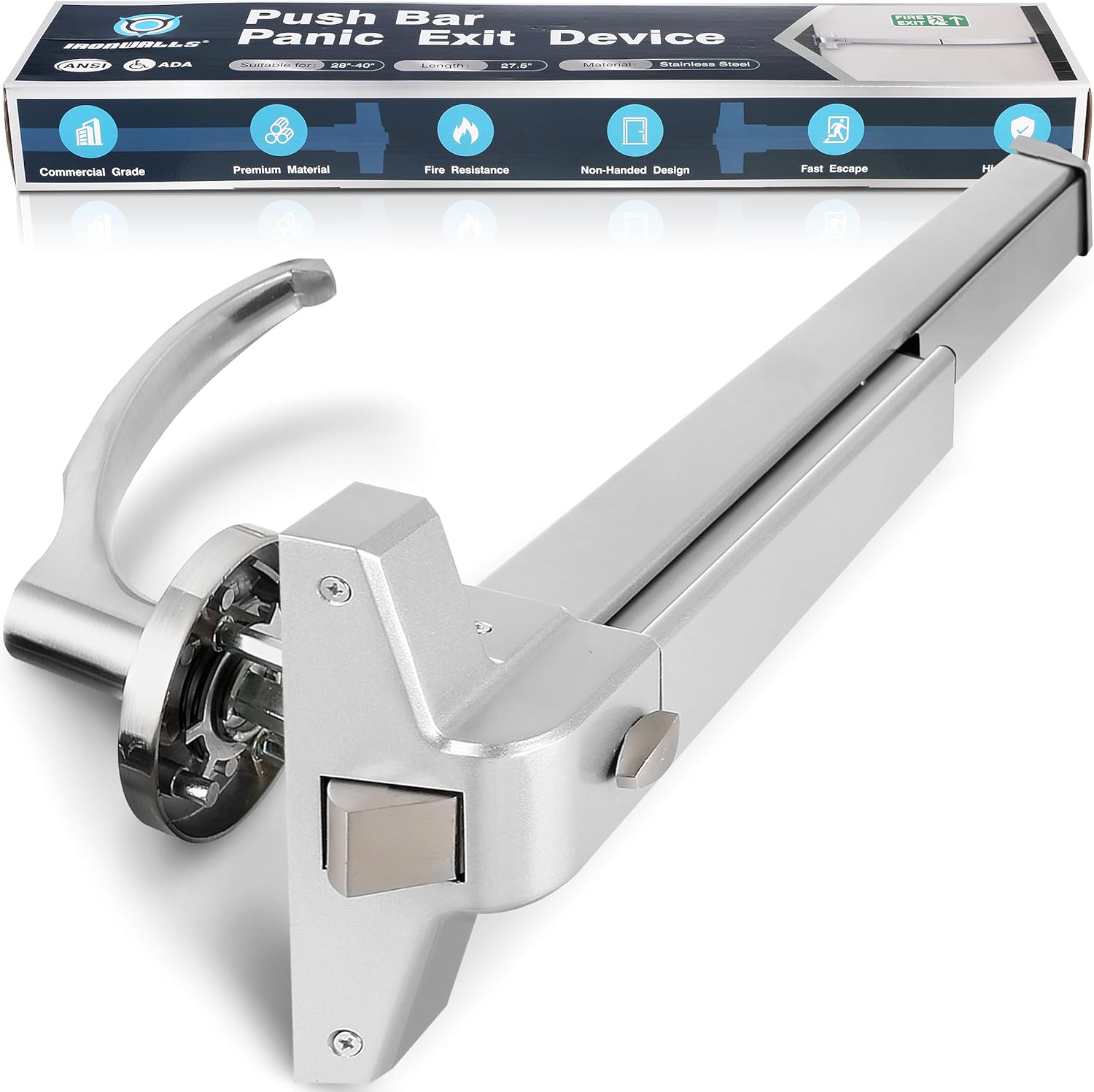 IRONWALLS Commercial Door Push Bar Panic Exit Device with Exterior Lever, 70cm/27.5” Stainless Steel Panic Bars for Exit Doors, Emergency Exit Panic Door Hardware for 28”-41” Wood Metal Door, Silver Door Push Bar With Lock Silver