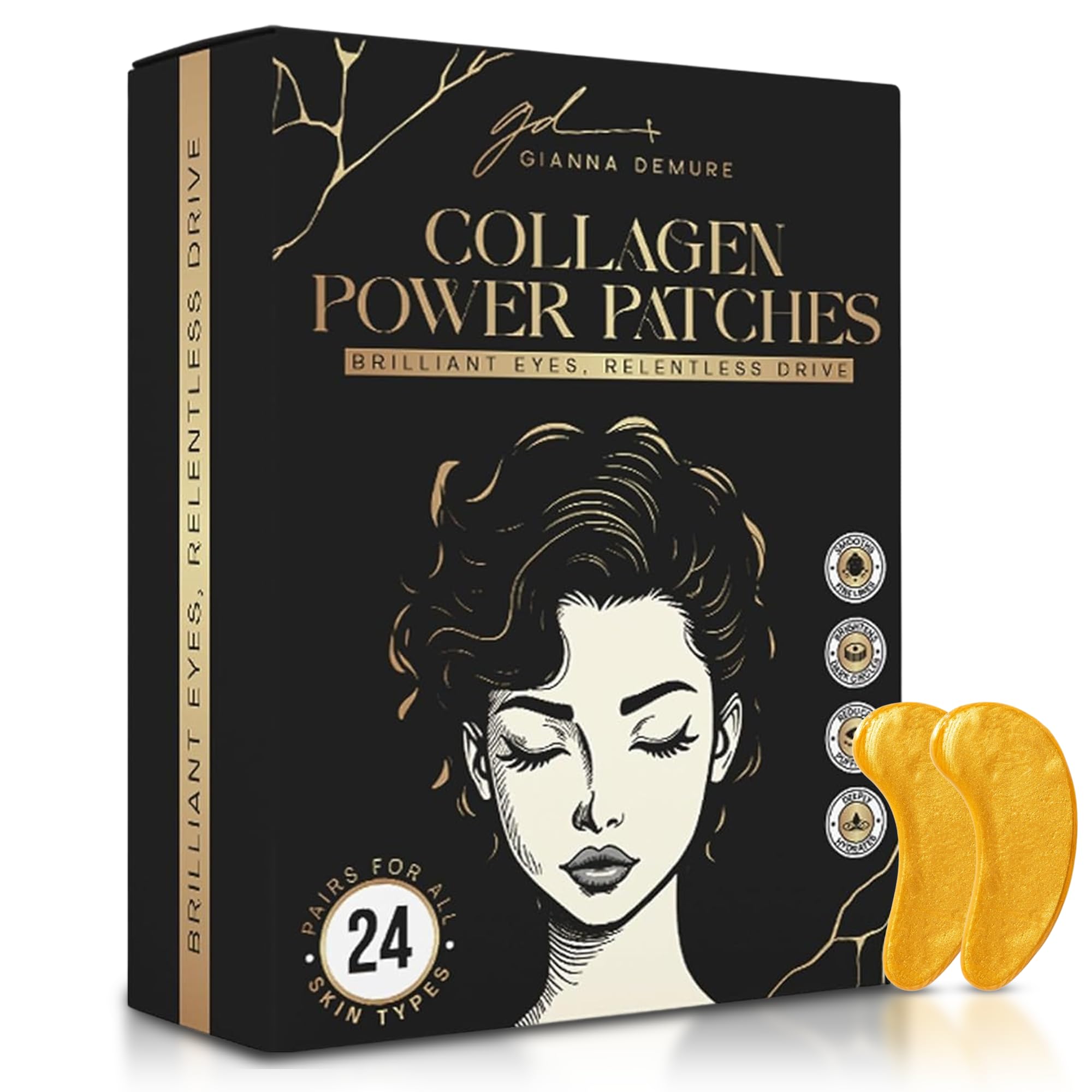 Gianna Demure Undereye Mask Patches for Dark Circles, Puffiness & Wrinkles, Gold Eye Mask with Collagen, Caffeine & Hyaluronic Acid, Vegan &