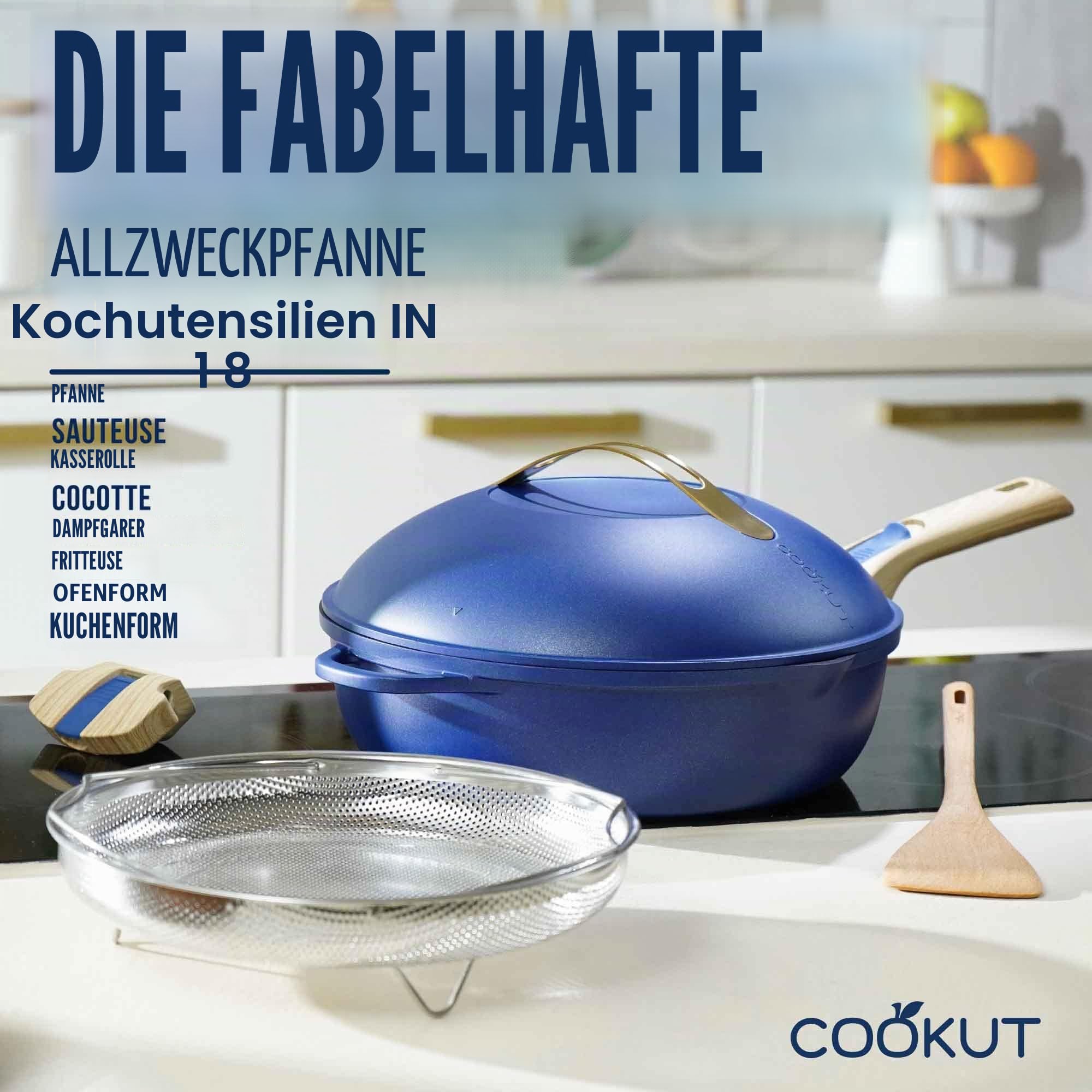 COOKUT - Die fabelhafte 8-in-1-Pfanne – ein einziges Utensil, das Pfanne, Topf, Schmorpfanne ersetzt – mit 2 abnehmbaren Griffen, Dampf-/Frittierkorb, Holzspatel – METEORE