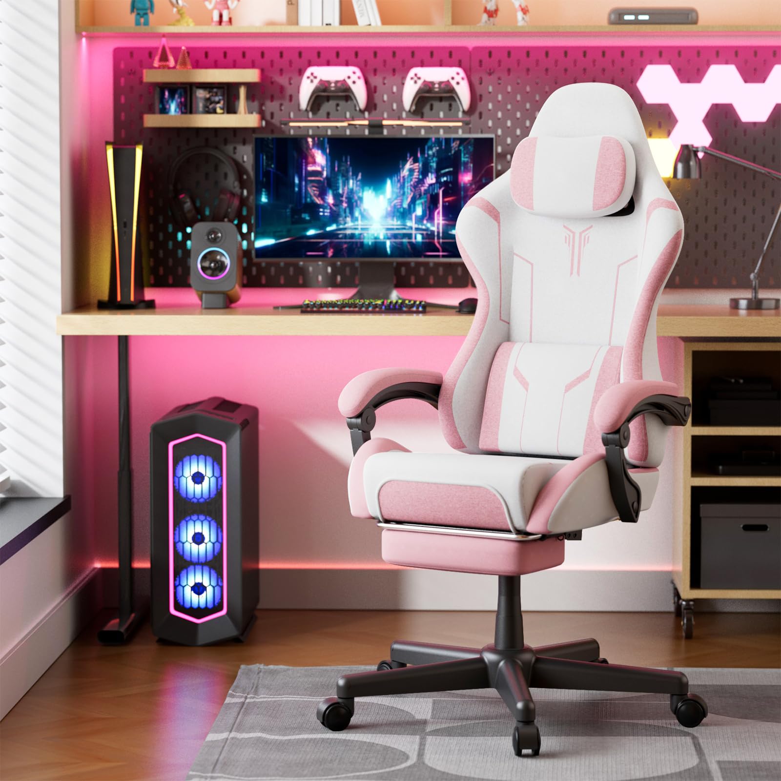Chaise Gaming, Fauteuil Gamer - Massage Coussin Lombaire, Siege Gaming Dossier Inclinable à 135°, Chaise de Bureau Ergonomique Repose-Pieds Rétractable, Siège Large Confortable Leathaire-Velours, Rose