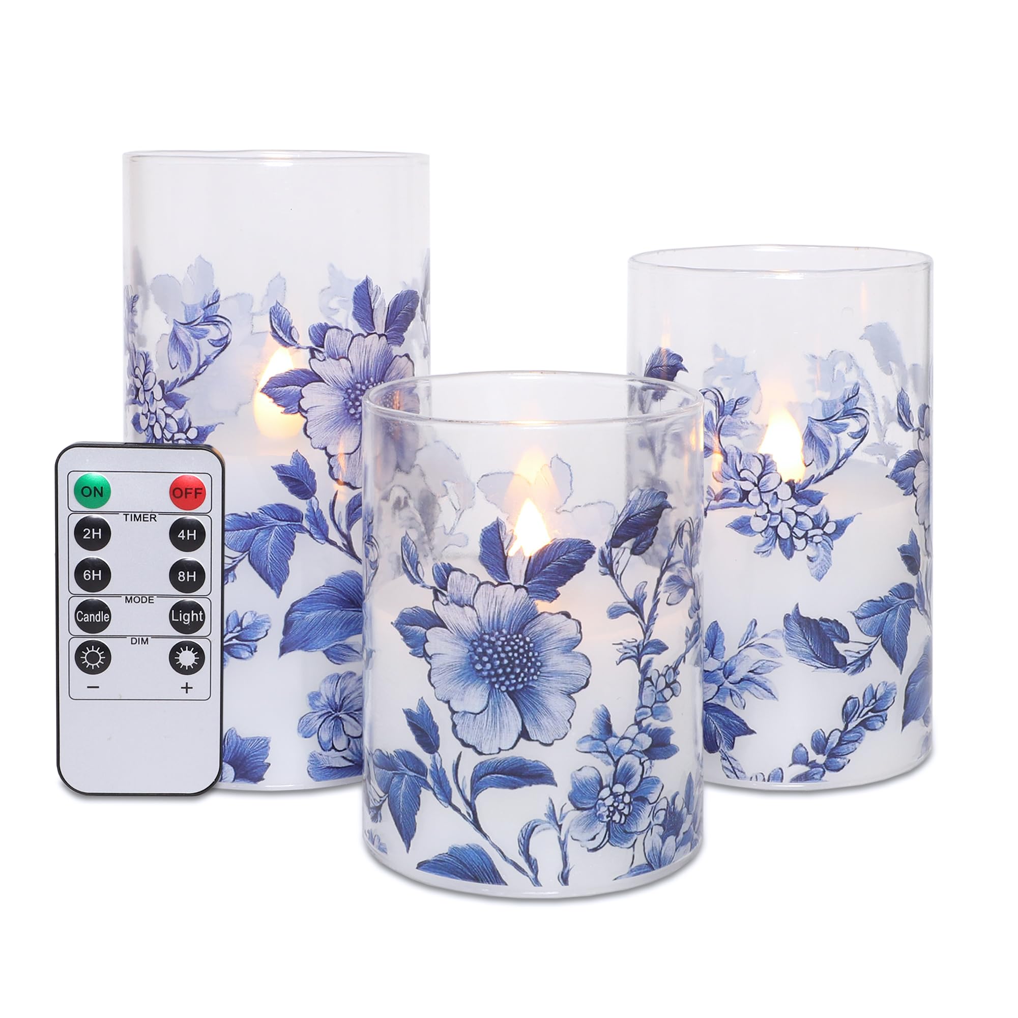 Flameless Candles Glass with Remote Control &amp; Timer Function, Blue and White Porcelain Theme Design, Home Party Wedding Christmas Valentine's Day Decor, Set of 3