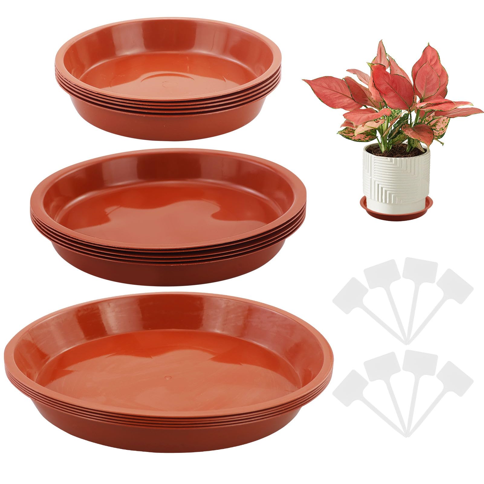 MAOQYE15 Pcs Plant Pot Saucers with White Label, Plastic Plant Saucer Plant Tray Flower Pot Drip Tray for Indoor Outdoor Garden Plants, Plant Trays for Pots, Plant Pot Tray (14cm/16cm/23cm, Red)