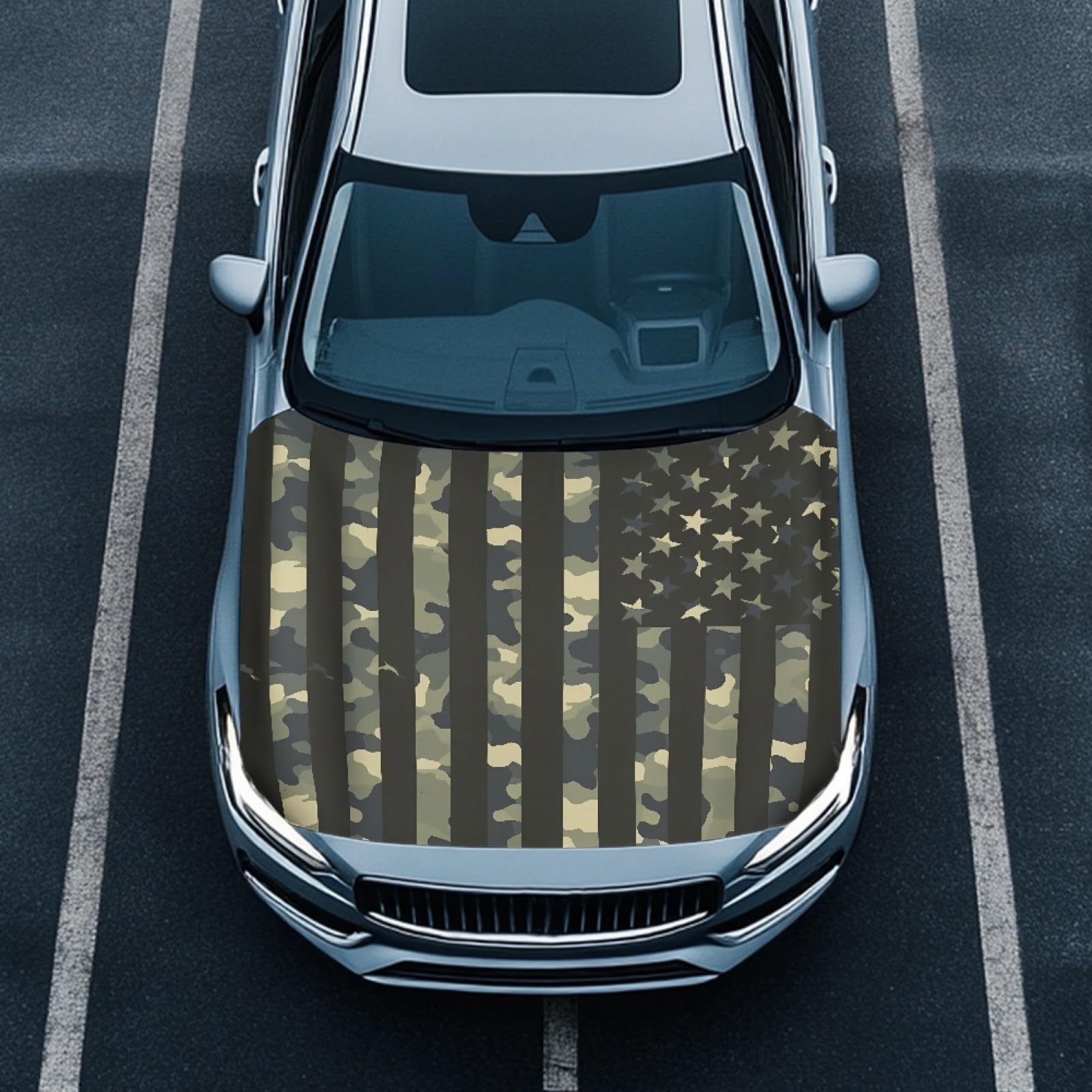 Camo American Flag Car Hood Covers for Automobiles, Elastic Fabric for Car Hood Decoration and Protection, Can be Washed Camouflage Hunting Flag Auto Accessories