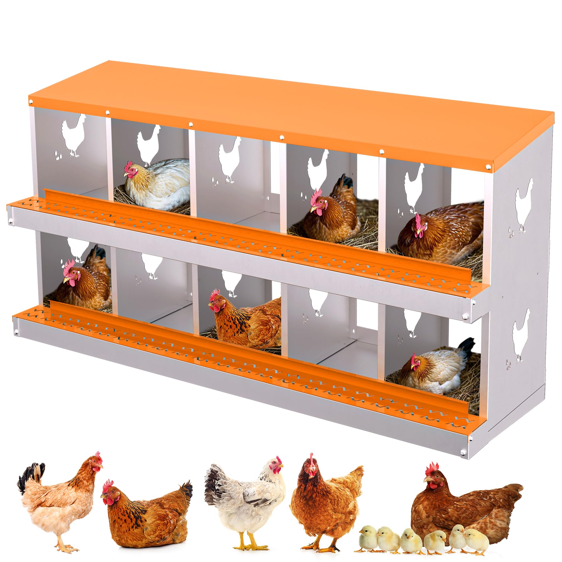 GarveeLife Ventilated Galvanized Metal Chicken Nesting Box – 10 Compartments, Roll Away Egg Collection, Removable Drop Tray, Rustproof, Easy to Install and Clean – Ideal for Chicken Coops and Hens,
