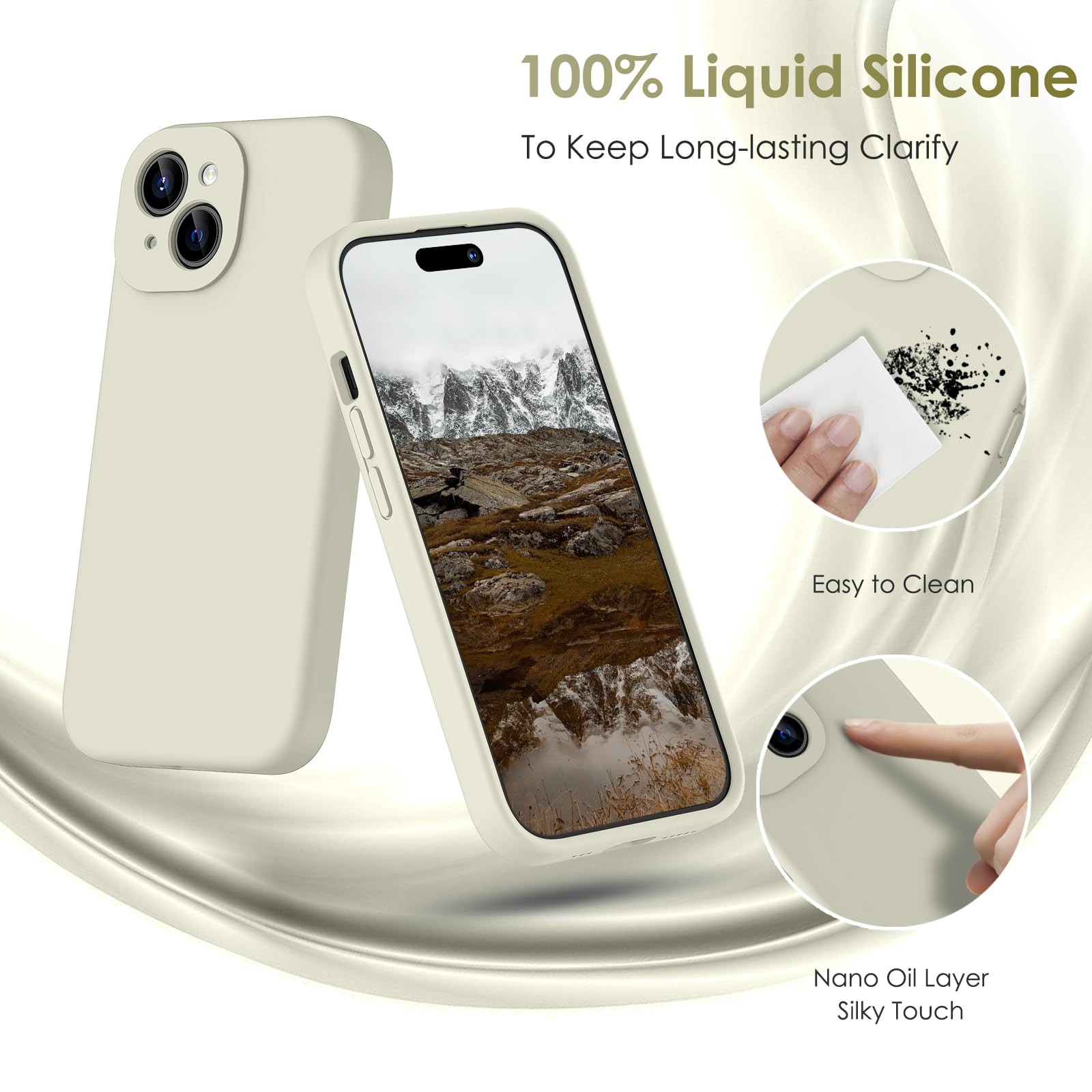 CALOOP Slim-Fit for iPhone 15 Case,Skin Soft Liquid Silicone,Sturdy Hard Frame Shockproof Cover with Anti-Scratch Microfiber Lining,Full Protection for Screen and Lens,6.1 inch (Stone) - Image 4