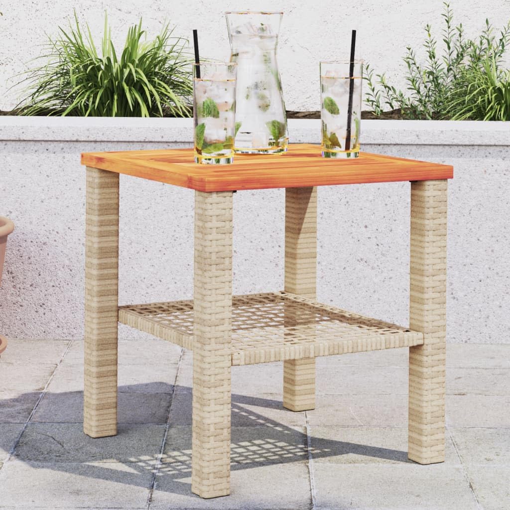 SXZenSpace Garden Coffee Table 40x40x42 cm Poly Rattan with Solid Acacia Wood Top, UV-Resistant Outdoor Bistro Side for Patio, Balcony & Camping