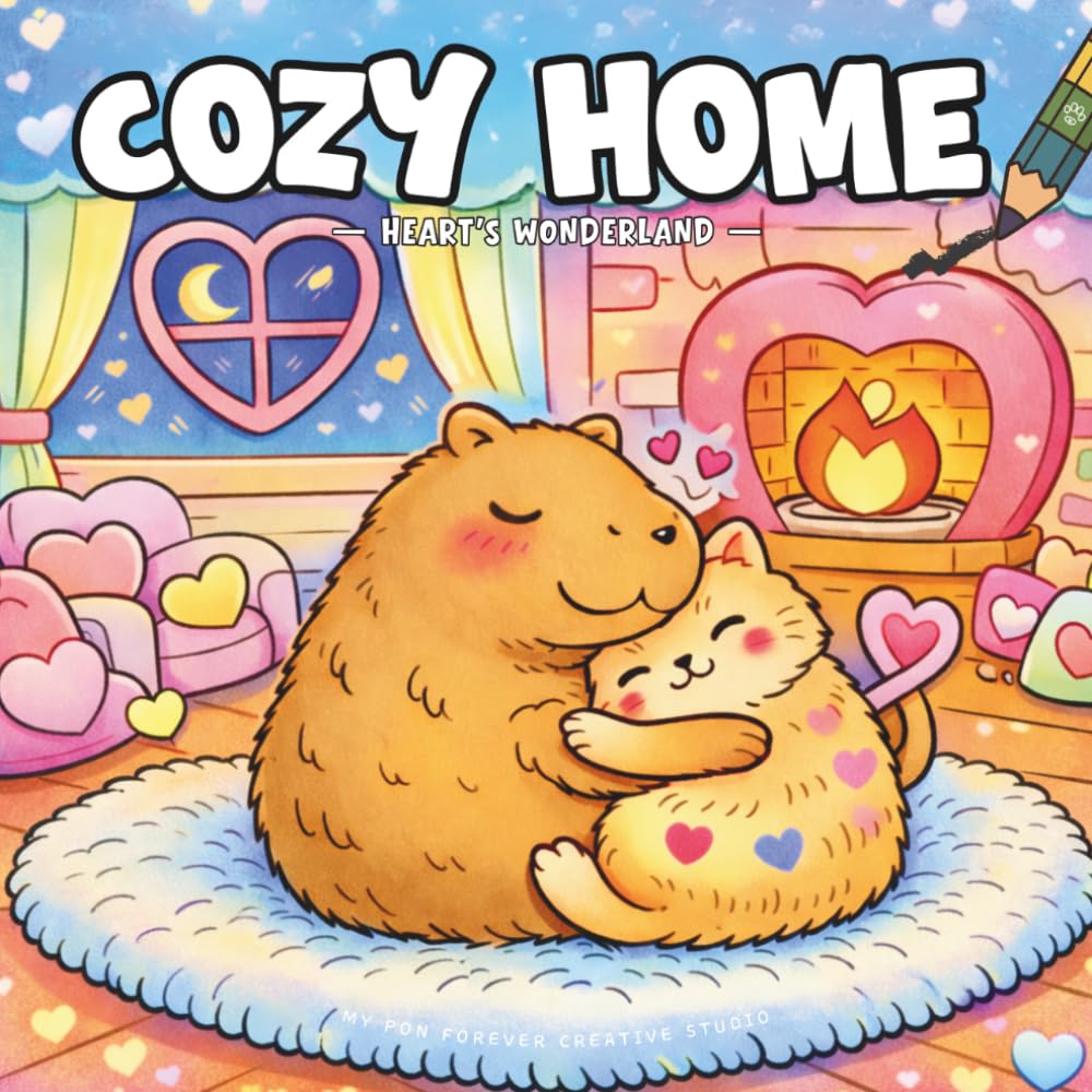Cozy Home: A Sweet Heart-Filled Coloring Adventure: 40+ Adorable Illustrations of Tiny Animals & Domestic Bliss, 3-Level Progress Challenge for Relaxation and Family Bonding