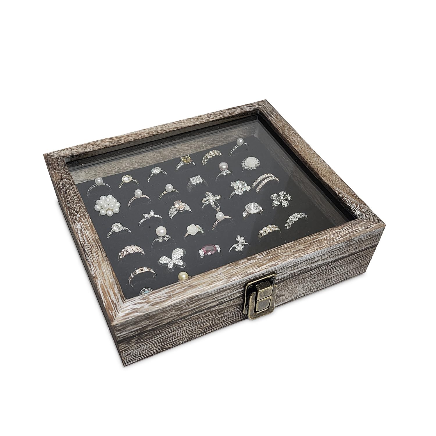 36 Ring Wood Jewelry Display Case, Tempered-Glass Top Wooden