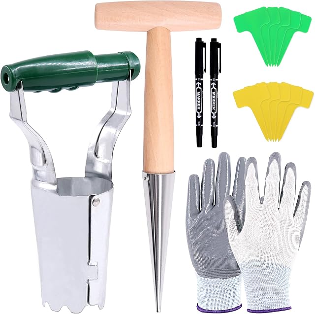 Wokape 106Pcs Bulb Planting Garden Tool Set, Includes 1Pc Bulb Planter, 1Pc Metal Planting Dibber, 100Pcs T- Tags, 1 Pair Gloves and 2Pcs Marker, Portable Hand Planter Kit for Garden Seedling