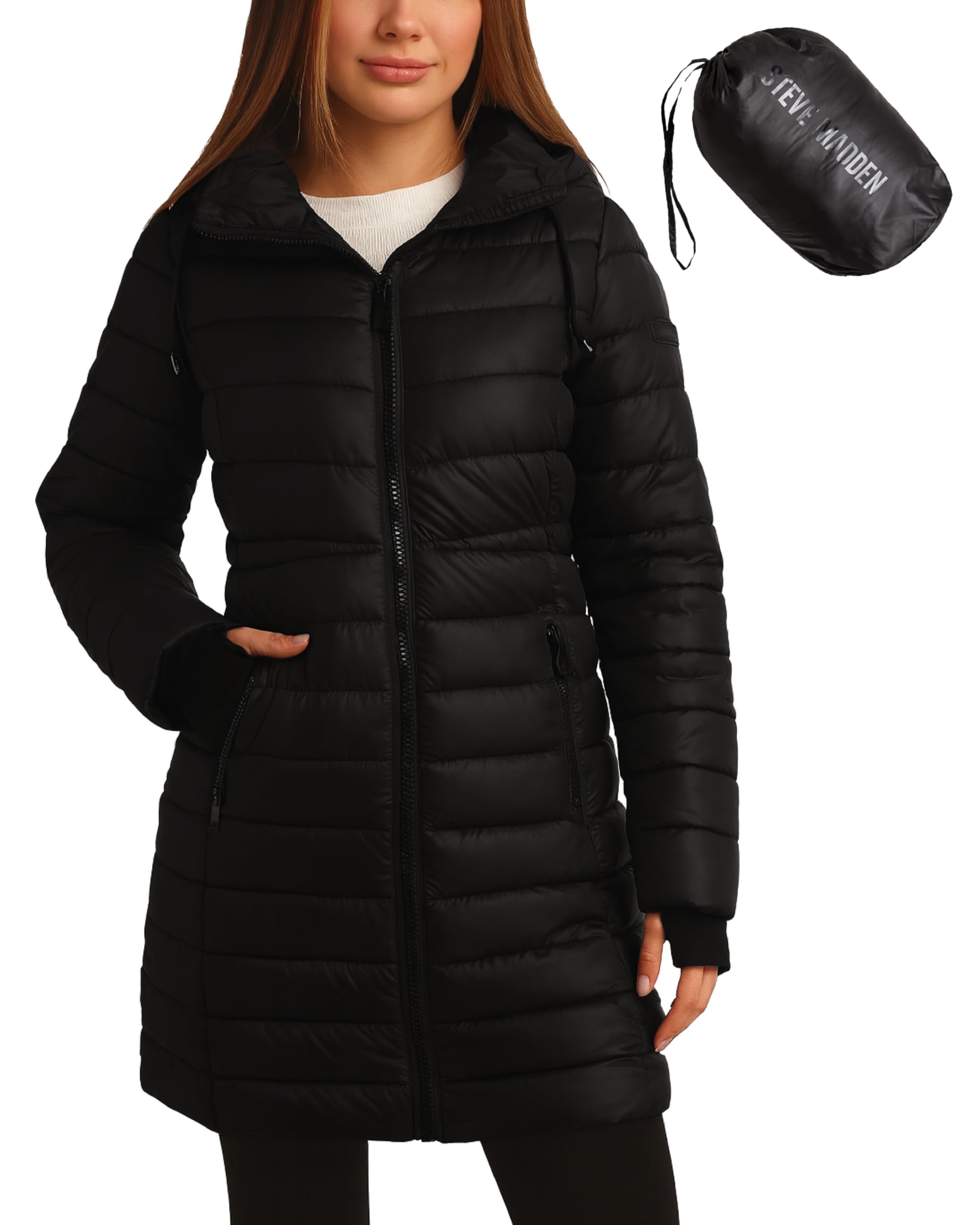 Steve Madden Womens Packable Puffer Jacket - Insulated Puffer Hooded Long Parka Coat - Quilted Warm Winter Jackets for Women