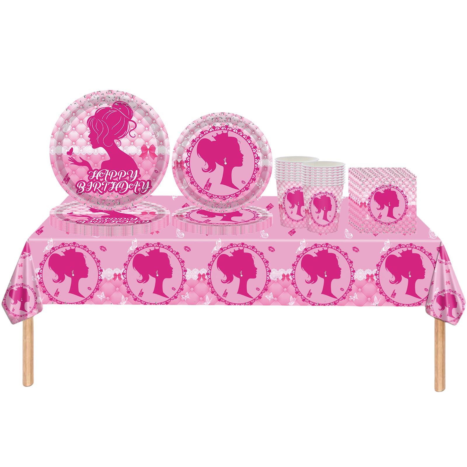 69Pcs Hot Pink Girls Princess Party Tableware Plastic Princess Table Cloth,Paper Plates,Napkins and Cups Dinnerware Set for Girls Kids Baby Shower Princess Theme Birthday Party Decorations