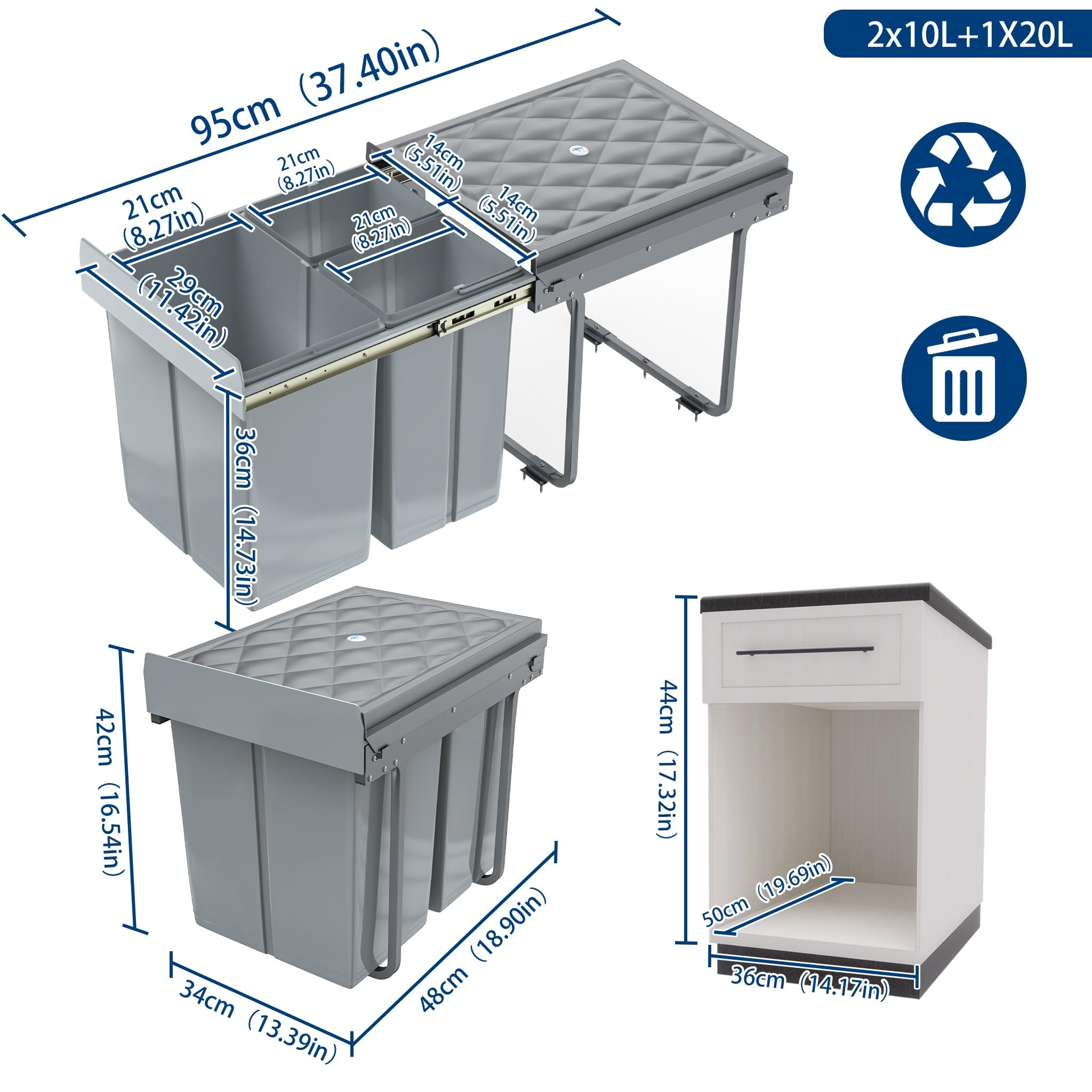 FIVMEN Einbaumülleimer Küche 3 Fächer Ausziehbar Mülleimer Abfalleimer Küche Unterschrank mit Teleskopschienen Küchenmülleimer Einbau Mülltrennsystem Grau, 1x20L+2x10L