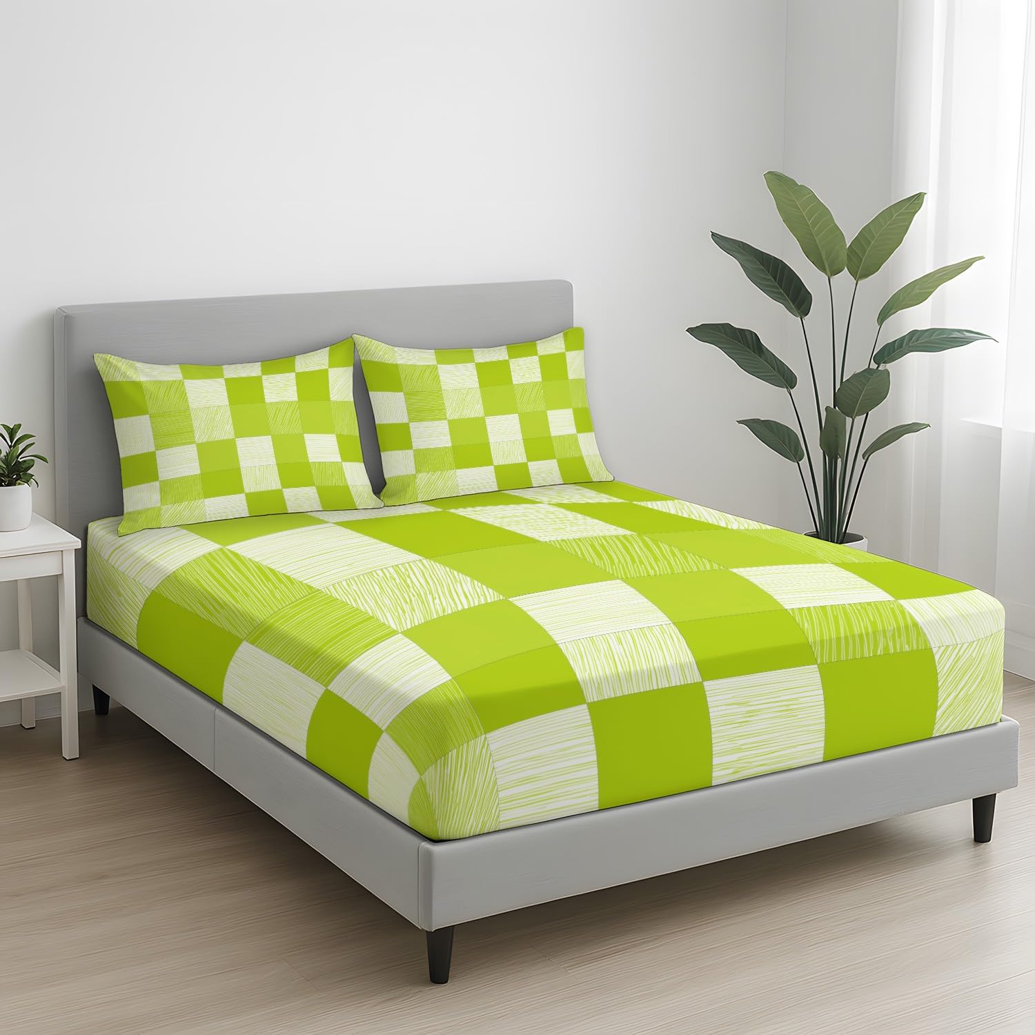 Geometrisch Kariert Spannbetttuch Frisch Quadrat Gittermuster Spannbettlaken 140 x 200 x 30 cm 3teilig Mikrofaser Bettwäsche Set mit 2 Kissenbezüge 80 x 80 cm Kein Flachbettlaken