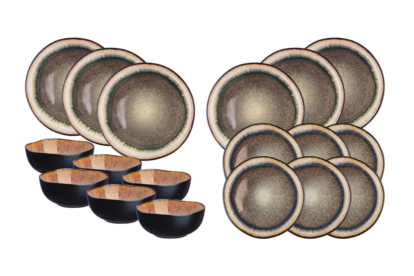 BJORN SR-LEIRM26 Service de Table IRIS MARRON SAUVAGE, 18 Pièces, Grès avec Émail Réactif, Dégradé Beige et Marron, Compatible Lave-vaisselle et Micro-ondes, pour 6 Personnes