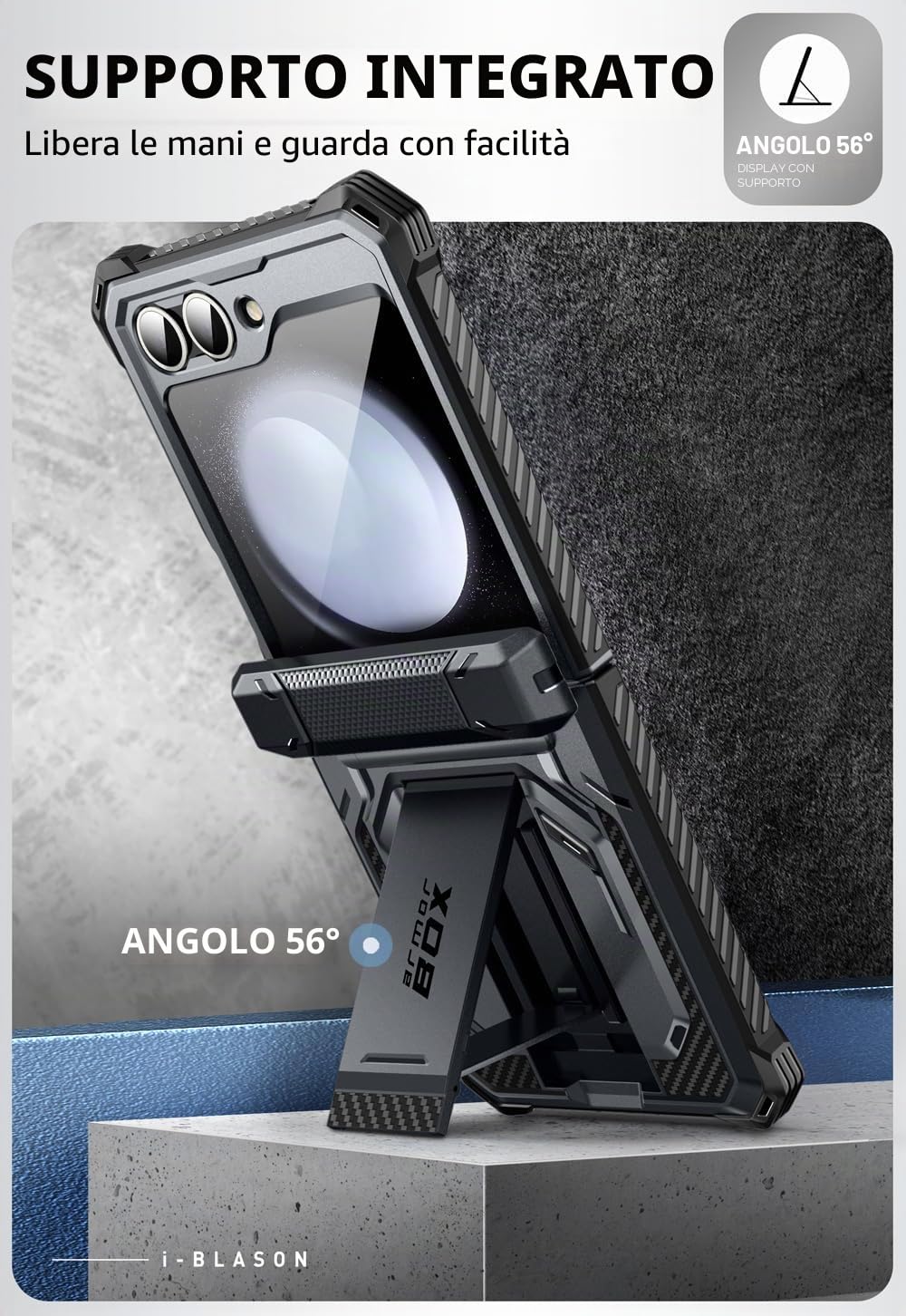 i-Blason Cover per Samsung Galaxy Z Flip 6 con Supporto, [Protezione Schermo Integrata] [Protezione Cerniera] [Clip da Cintura], Custodia Protettiva Militare per tutto il corpo (Nero)