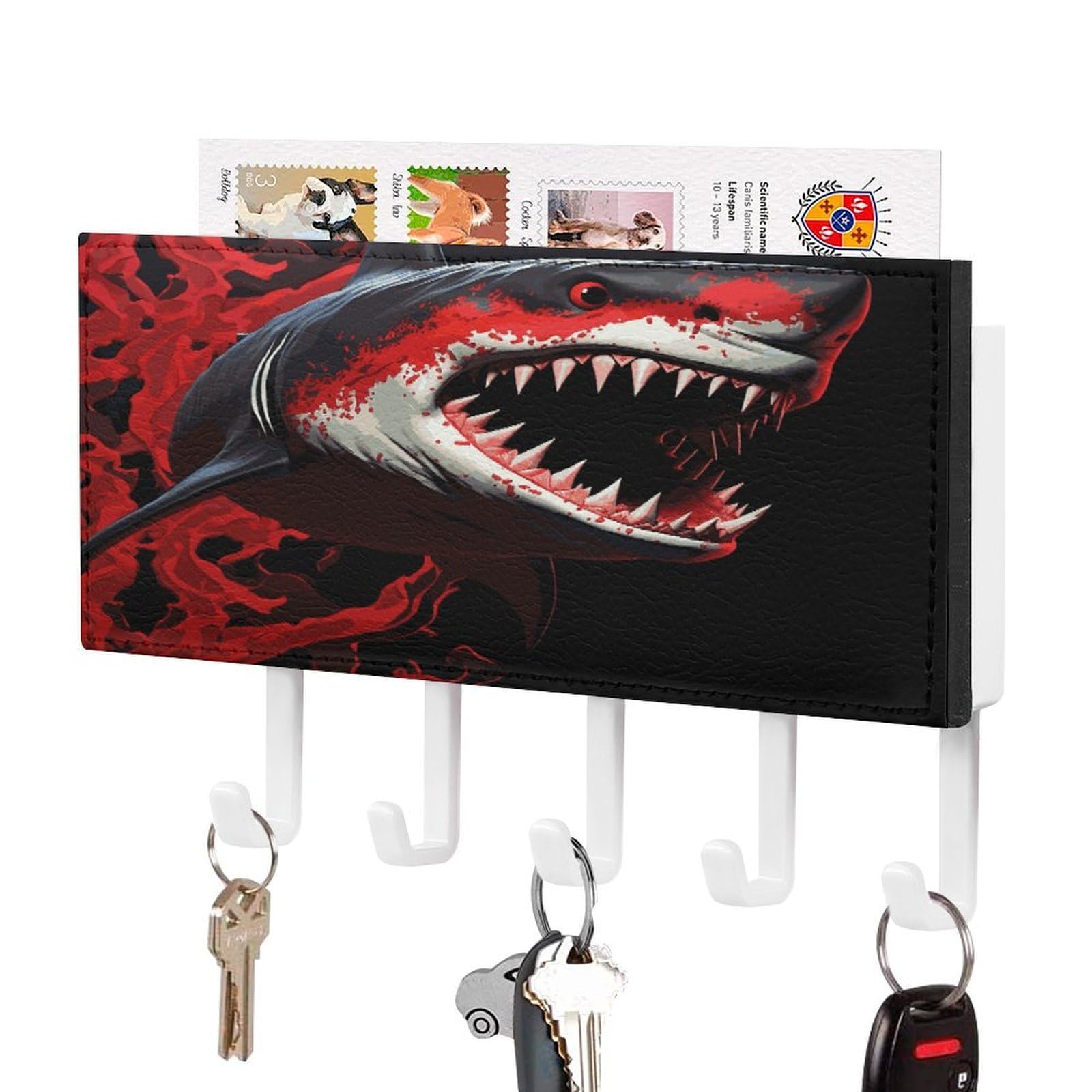 FekiLoot Red-Black Shark Key Holder for Wall Decorative Mail Organizer with 5 Key Hook Self Adhesive Key Rack with Tray Coat Rack Wall Mount Key Hanger Decor for Entryway Door