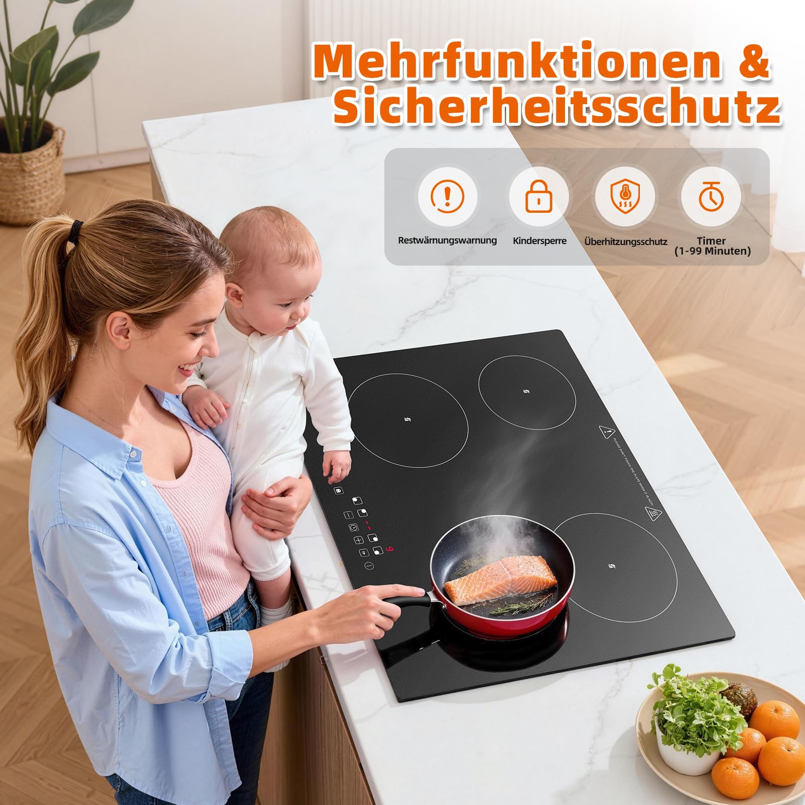 Glaskeramikkochfeld mit 4 Kochzonen, 60cm Einbau, Herdplatte 4 Kochfelder,Touch-Steuerung, 6000W, 9 Leistungsstufen, 1-99 Min. Timer, für alle Topfarten