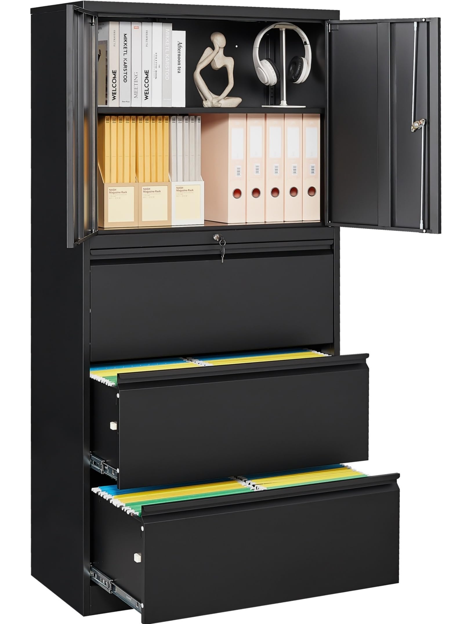 SISESOL 3 Drawer Lateral File Cabinet with Lock and Shelf,Black Metal Filling Cabinet with Drawers and Shelf, Locking File Storage Cabinets with Doors and Shelves for Home,Office,Garage,School