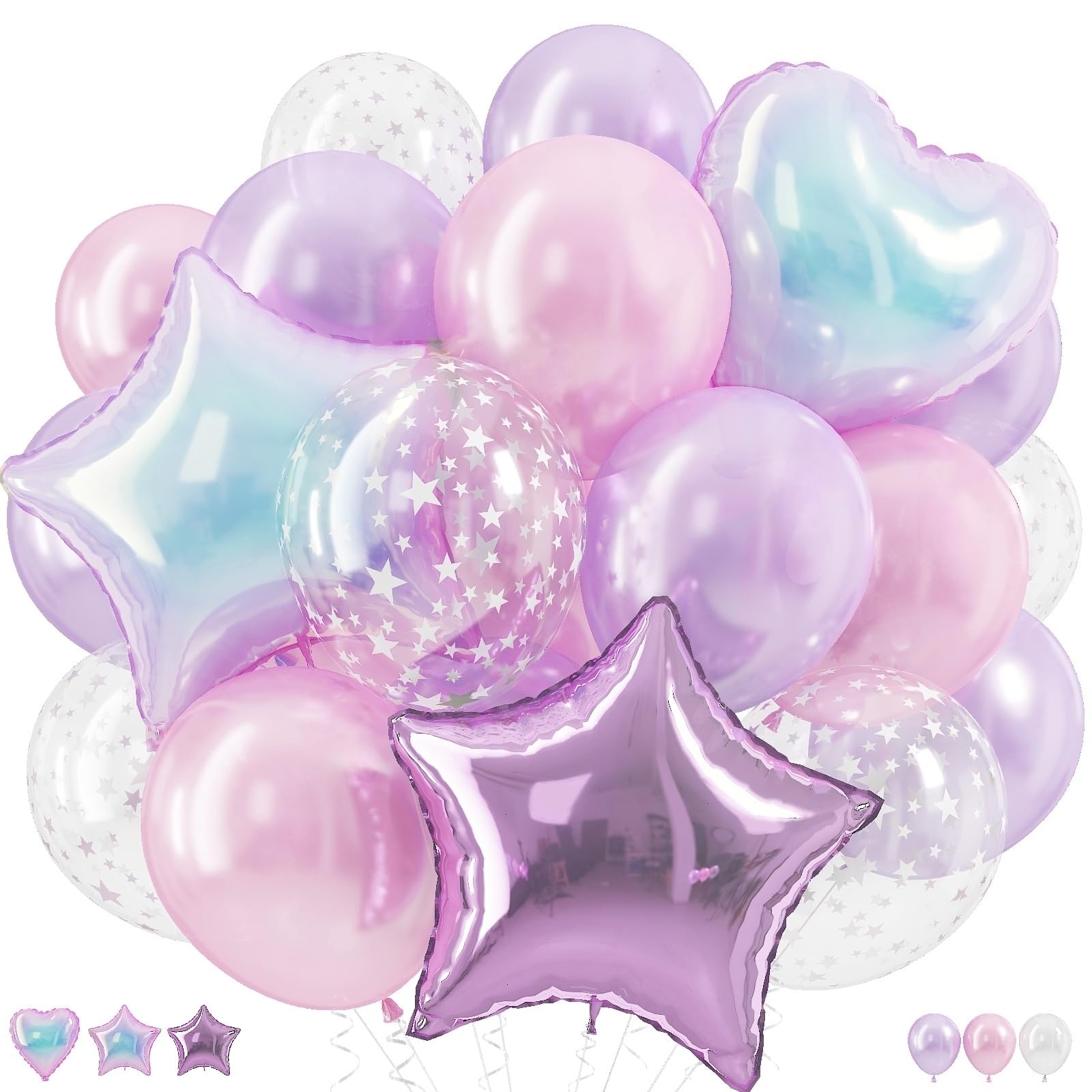 Pink and Purple Balloons, Pastel Pale Pink Light Purple Lilac Trransparent Star Latex Balloon With Iridescent Heart Lavender Star Foil Balloons for Kpop Birthday Party Baby Shower Princess Decorations — image 1