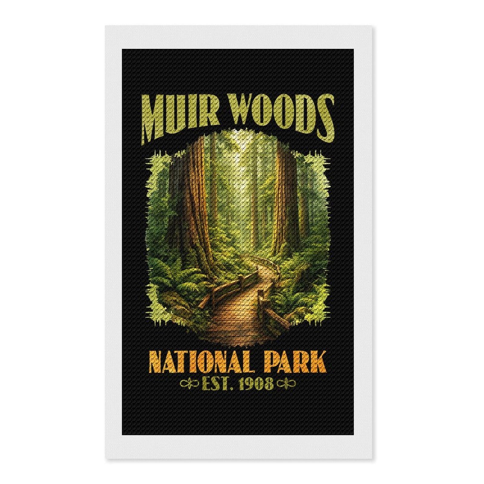 Junmoney Muir Woods National Park Vintage DIY Diamond Art Canvas Kit 12"x20", for Teens, Finish and Display, Holiday Gift Idea, Vintage Style Decor