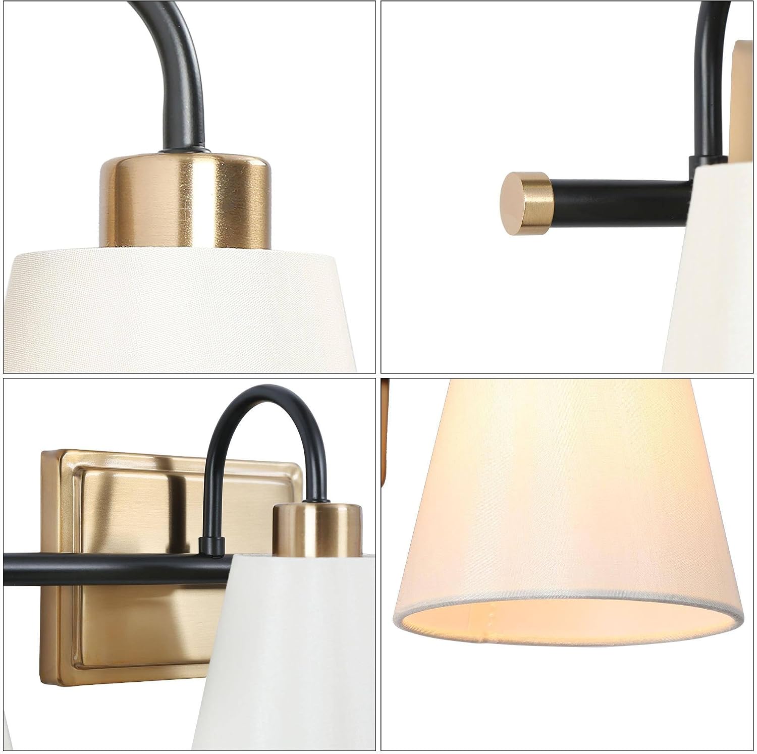 KSANA Bathroom Wall Light Fixtures, 4-Light White Fabric Gold Black Vanity Light, Modern Vintage Wall Lamp Over Mirror for Powder Room