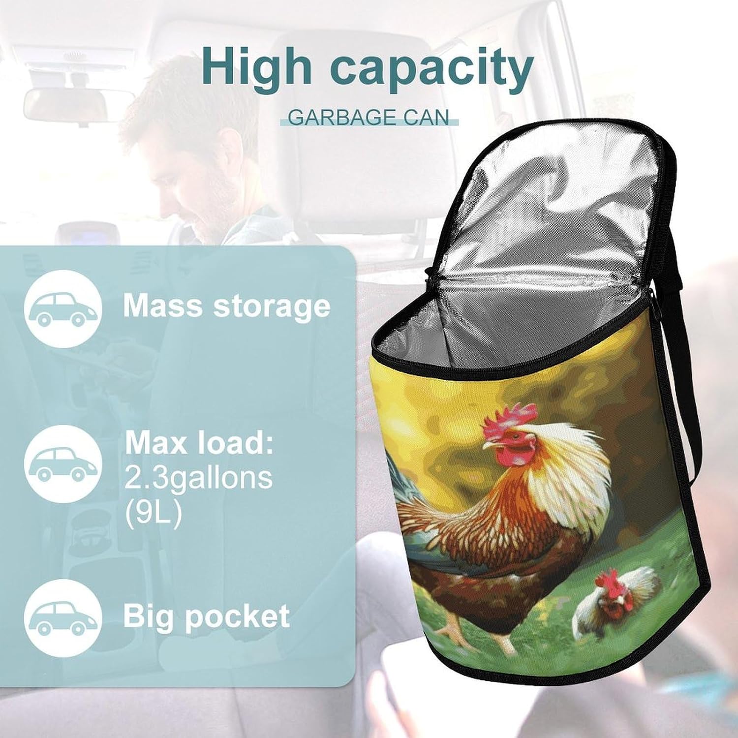 Beautiful Rooster Hen Car Trash Can with Lid Leak-Proof Waterproof Hanging Car Garbage Bag Detachable Multipurpose Trash Bin Portable Travel Cars Trash Bag for Cars SUV Truck RV