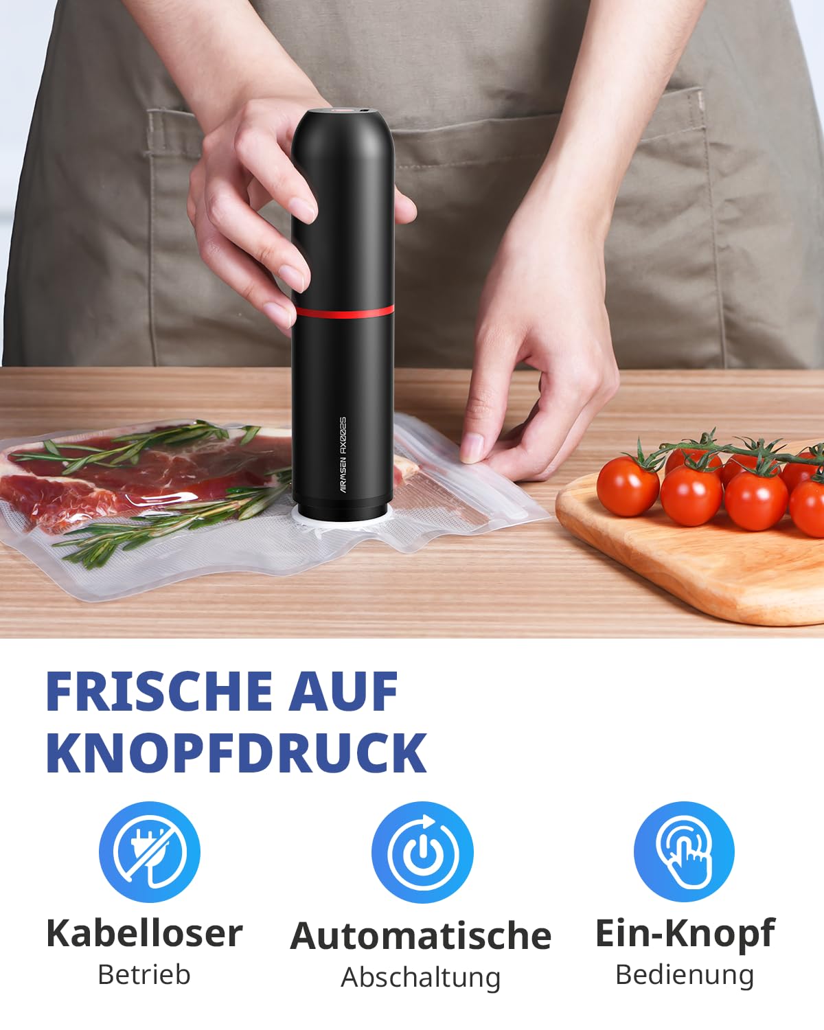 AIRMSEN Vakuumiergerät Klein, Handvakuumierer mit 40 kPa Saugkraft, inklusive 1 Vakuum-Konservierungsglasbox & 11 Vakuumbeutel & 2 Weinverschlüsse, ideal für Zuhause, Reisen, Camping
