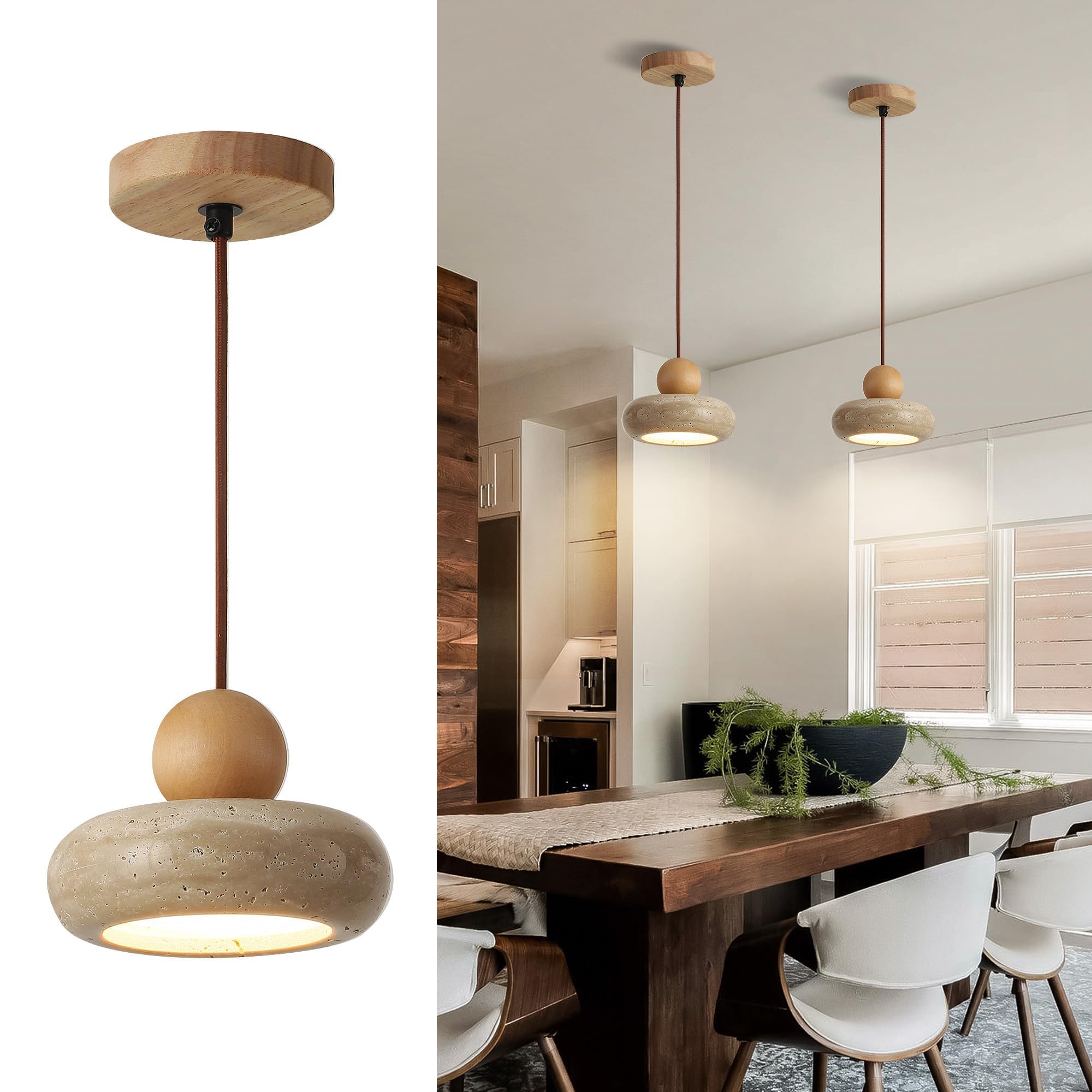 Kaixunl Wabi-sabi Pendant light Natural Yellow Travertine LED Wood Hanging lights Height Adjustable Ceiling Lights Modern Chandeliers Ceiling Light for Bedroom Dining Room Living Room Kitchen 15cmball