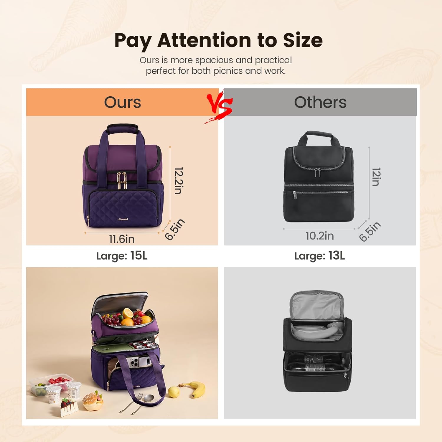 LOVEVOOK Insulated Lunch Bag For Women,Large Double Deck Adult Lunch Box,Teacher Lunch Tote Bag With Cup Holder,Leakproof Cooler Bag With Adjustable Shoulder Strap For Work Picnic Beach,Larger 15L