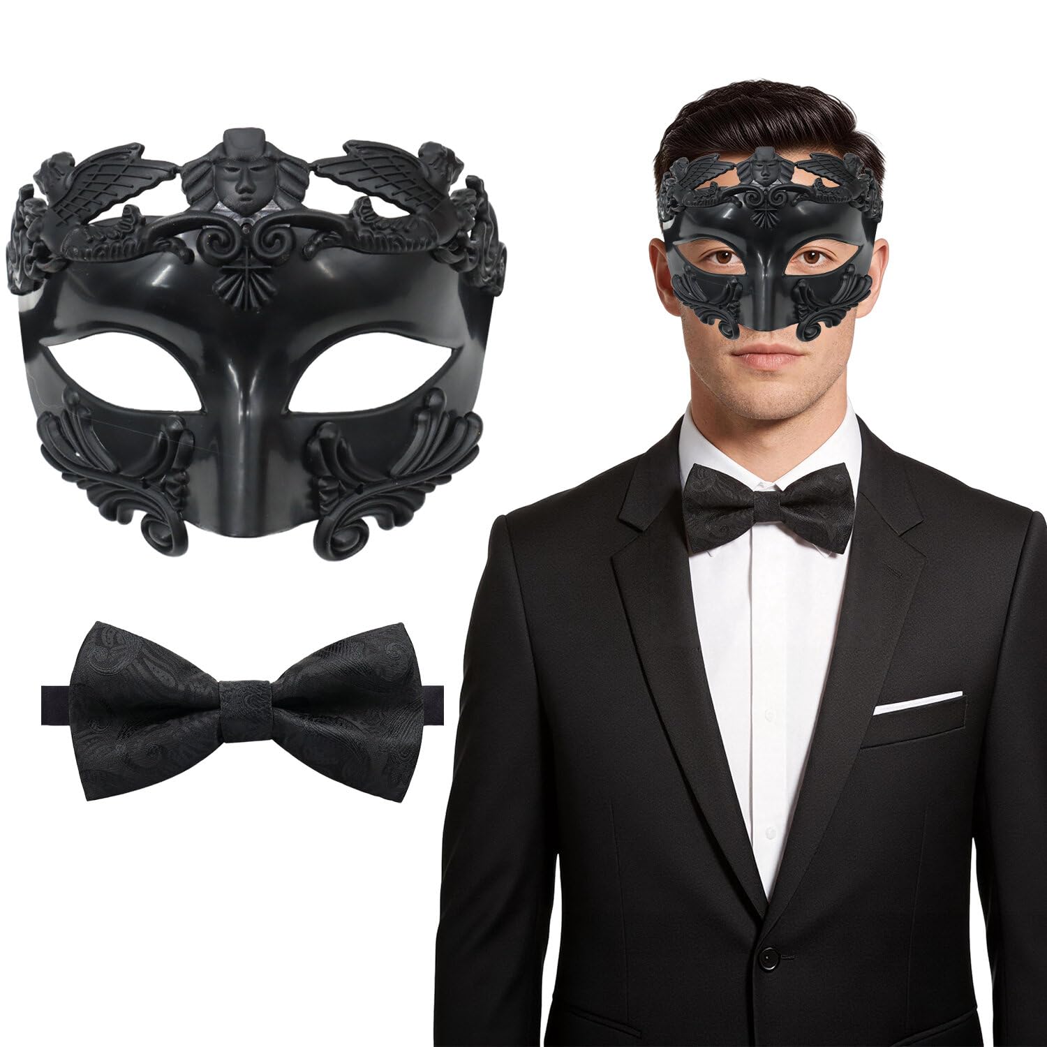 Kecartu Masquerade Mask for Men, Greek Roman Venetian Half Face Mask，Mardi Gras Mask with Bow Tie for Masquerade Ball Halloween Cosplay Costume Parties, Black — image 1