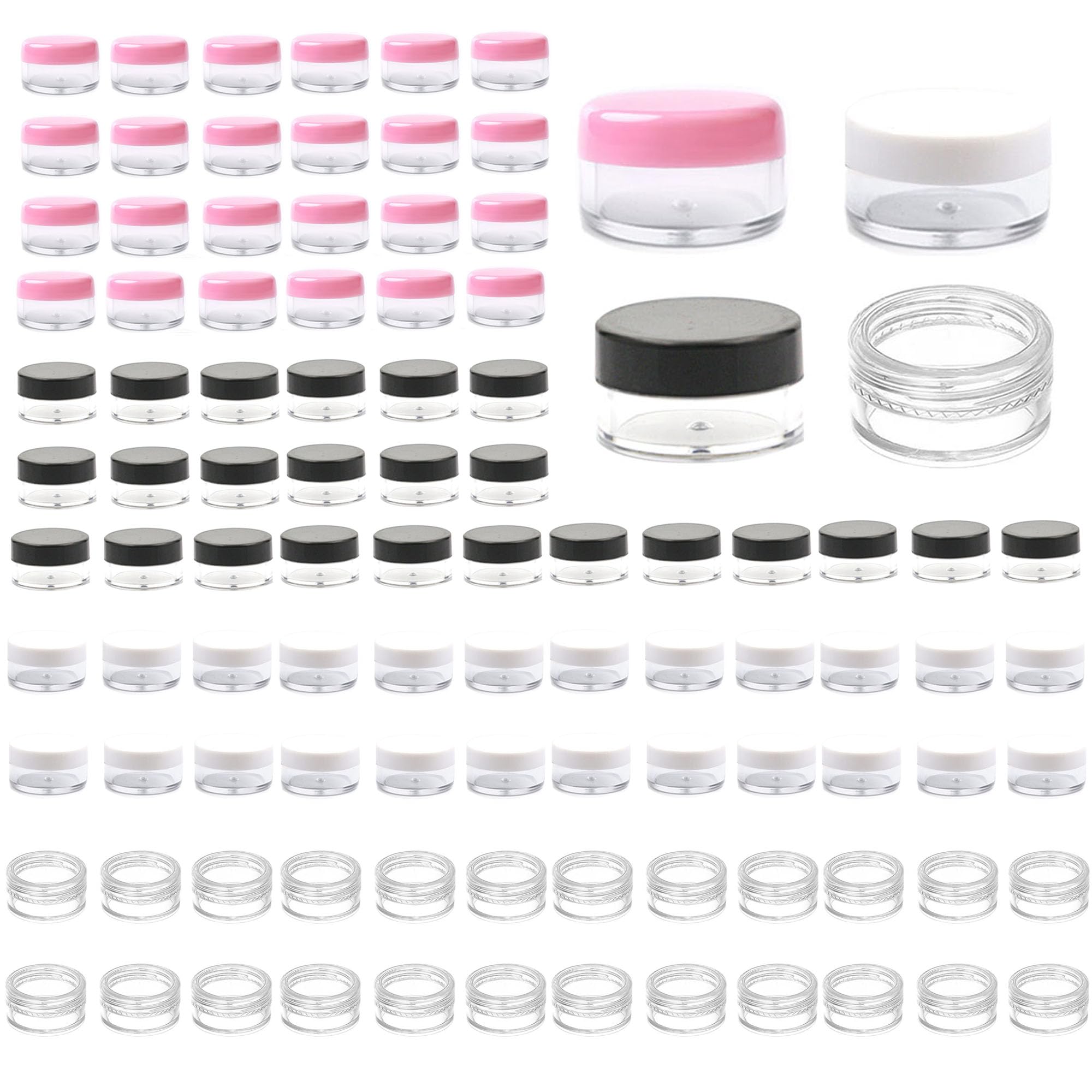 100 Count Tiny Sample Jars,3 Gram Sample Containers with Lids,Empty Lip Balm Containers, Mini Cosmetic Containers with Lids, Makeup Travel Containers(Mix)