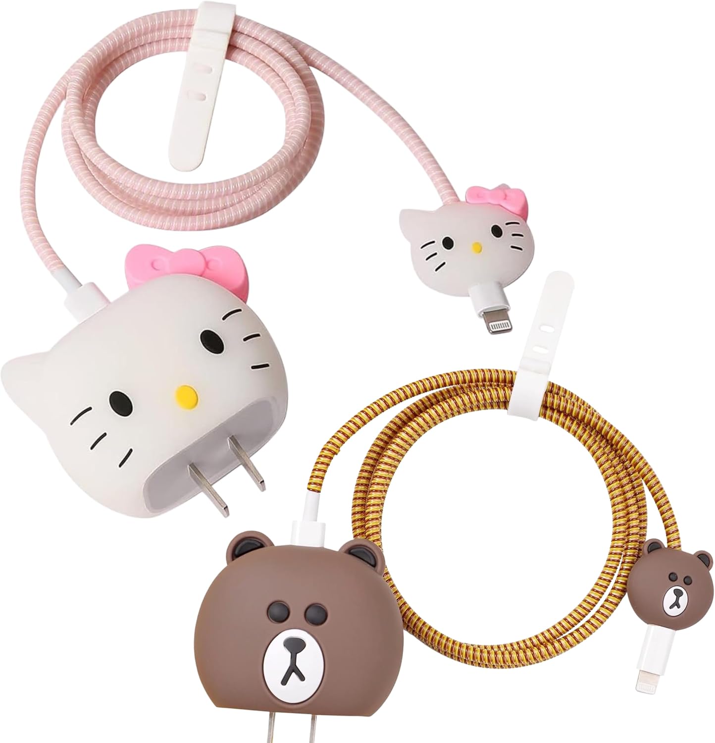 3D Pack of 2 Cartoon Charger Protector for iPhone 18W 20W iPhone 14 13 12 11 Pro Max Charging Cable Charger Head Cover Cable Accessory Data Cable Protective Sleeve (Kitty and Bear)