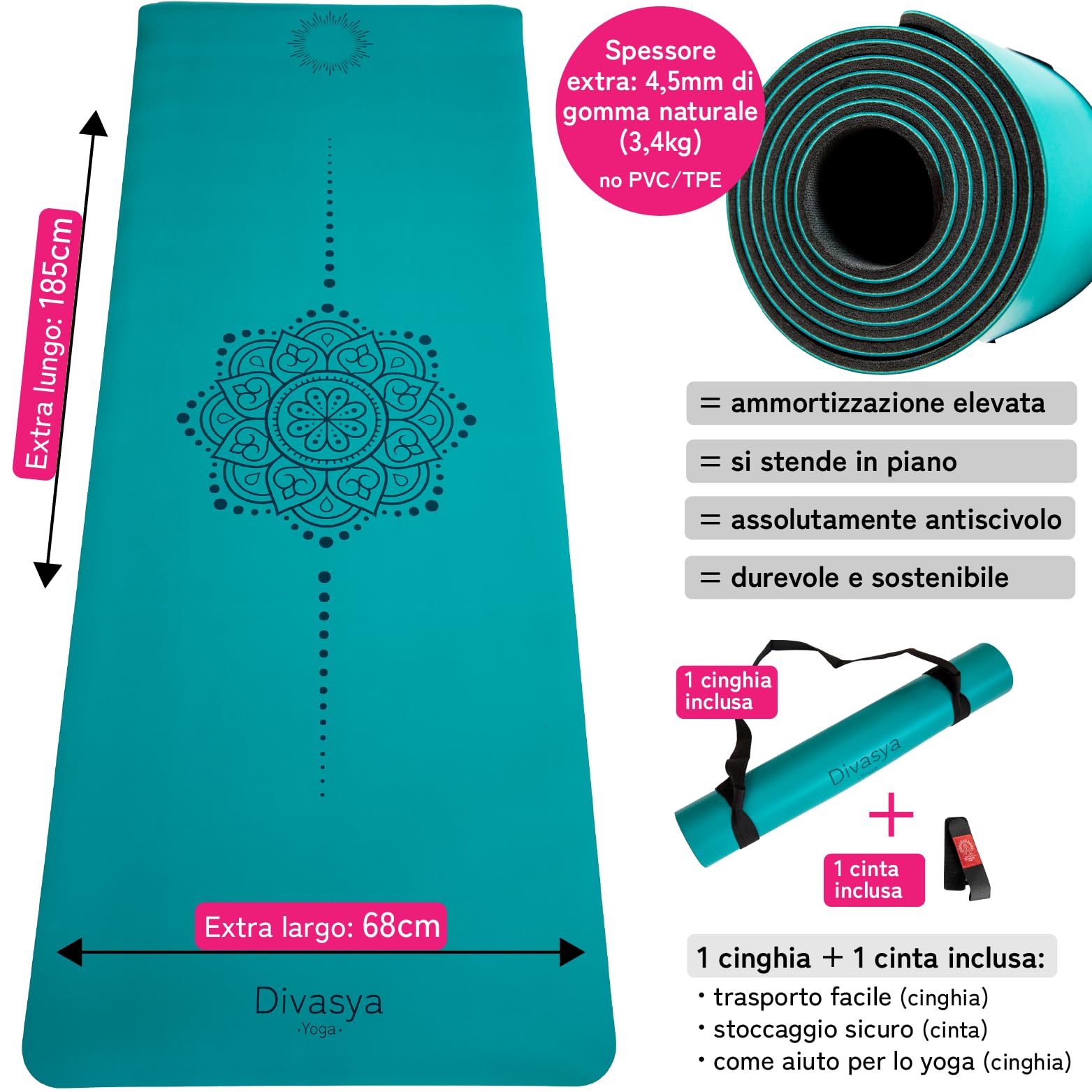 Tappetino yoga: superficie antiscivolo in vera gomma naturale e massima aderenza, tappeto yoga extra largo, lungo e spesso (185x68x0,45cm), cinghia di trasporto, tappetino pilates, yoga mat