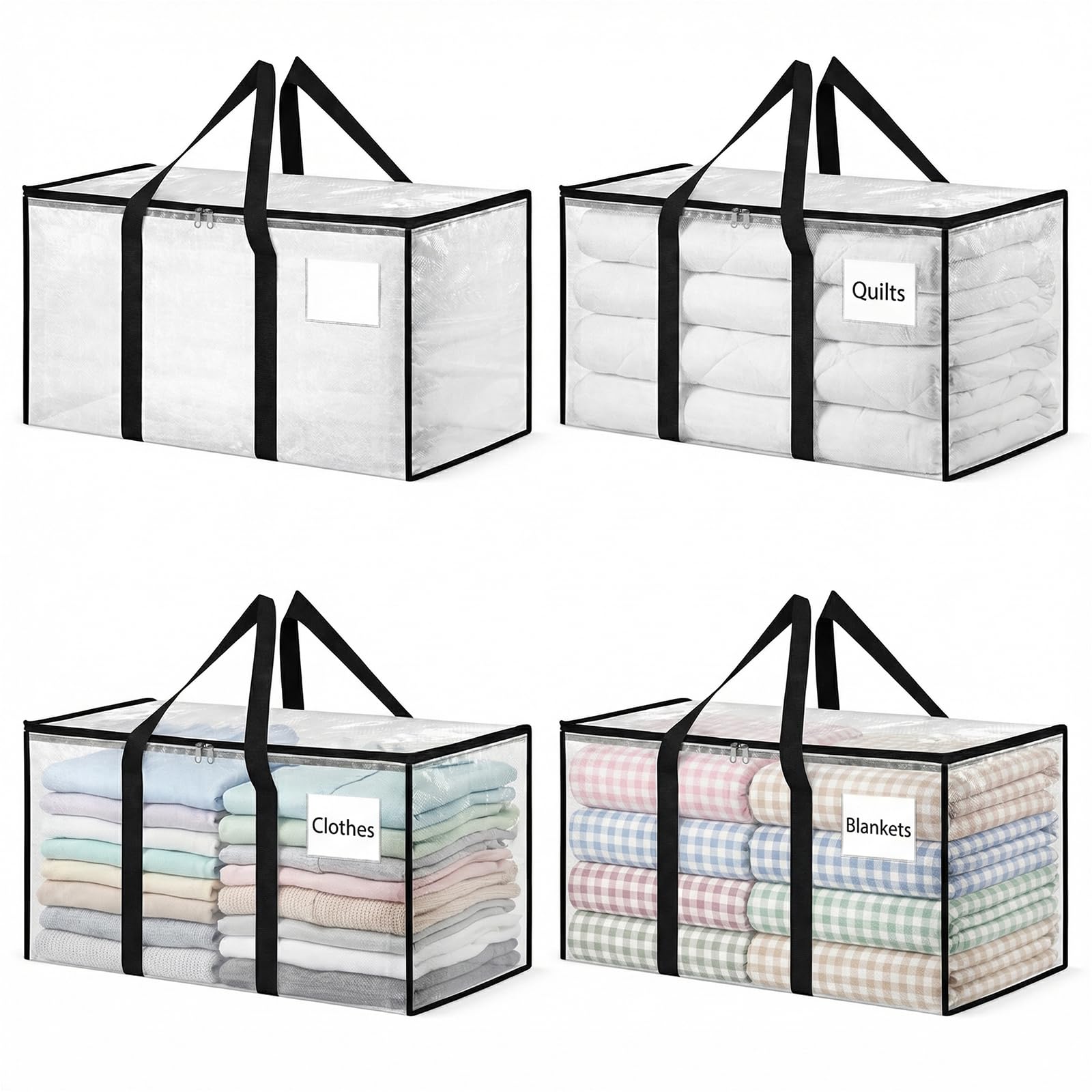 4 Pack Clothes Storage Bags - 90L Clear Storage Bags with Zips and Lids, Transparent Clothes Storage Boxes, Large Moving Bags for College Dorm, Camping Travel Packing (4)