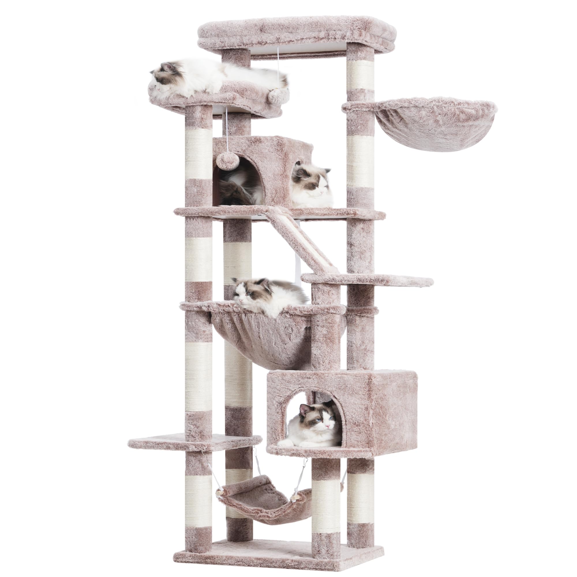 Heybly Cat Tree, 71-Inch-Tall Tower for Indoor Cats with 2 Perches, 2 Big Condos, 2 Hammocks, Basket, Scratching Pad, Large Cat Furniture and Condo, Mushroom HCT034MU