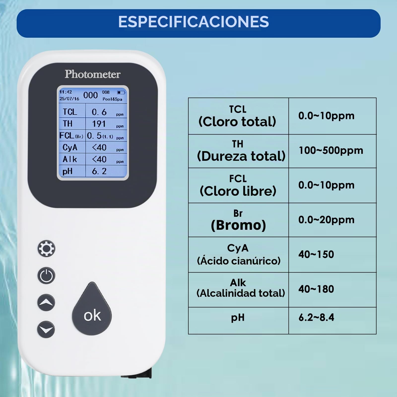 Kit Digital 7 en 1 para Análisis del Agua de Piscinas Medidor de pH, Cloro, Bromo, Dureza y Alcalinidad, Registro de Datos, Puerto USB con Analizador de Agua y Tiras Reactivas para Piscinas y Spas