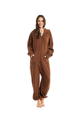XMASCOMING Women's & Men's Hooded Fleece Onesies One-Piece Pajamas - Small - Brown