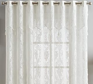 LinenZone Extra Wide Lace Patio Door Curtain with Attached Valance and Classic Tassels. Elegant Sliding Door Curtains for Dining Room, Kitchen, Balcony or Family Room. (Luna 102 x 84, Ivory) - Buy now