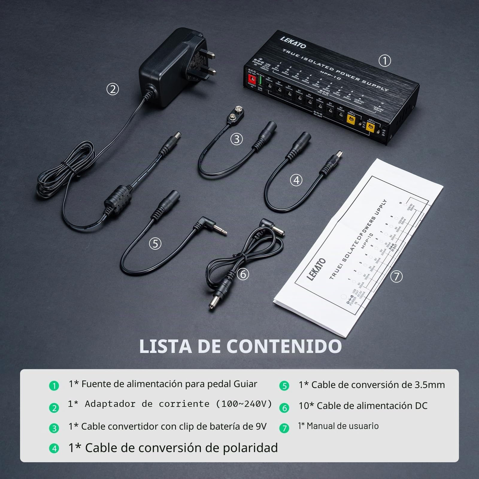 LEKATO Fuente de alimentación para Guitarra, 10 Salidas de CC aisladas para 9 V/12 V/18 V, 100 mA 300 mA 500 mA Fuente de alimentación de Pedal de Efecto con protección contra Cortocircuitos para