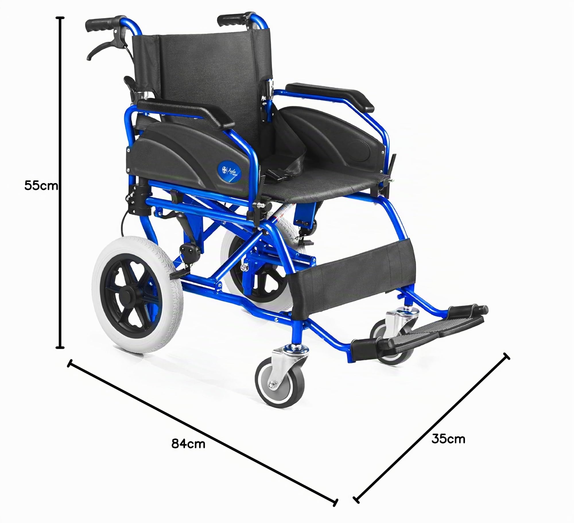 AIESI® Sedia a Rotelle pieghevole super-leggera da transito in alluminio con freno per disabili ed anziani AGILA TRANSIT, Doppio sistema di frenata, Cintura di sicurezza, Garanzia Italia 24 mesi