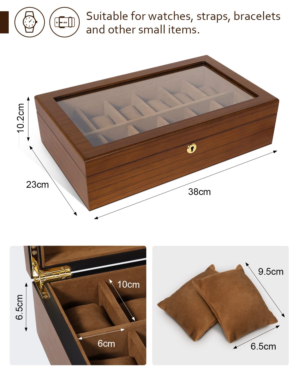 Uten Watch Box with 12 Slots, Watch Case Organizer with Golden Lock and Key, Wooden Watch Display Storage Box with Removable Watch Cushions, Velvet Lining, Metal Clasp