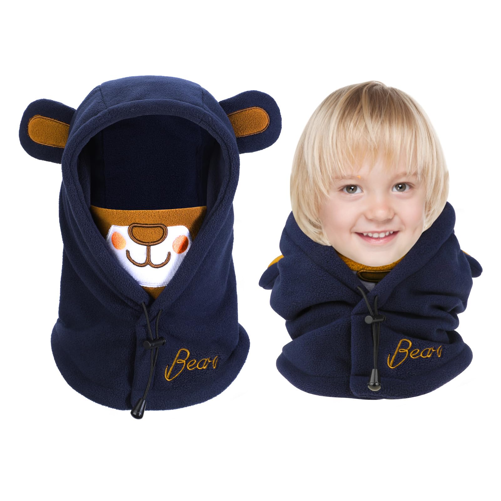 PHOGARY Schalmütze Schlupfmütze Kinder, Polar Fleece Wintermütze Jungen Niedliches Bärendesign, Balaclava Gesichtsmaske, Sturmhaube Kinder Kapuzenschal 47cm-52cm Verstellbar (2-5 Jahre)