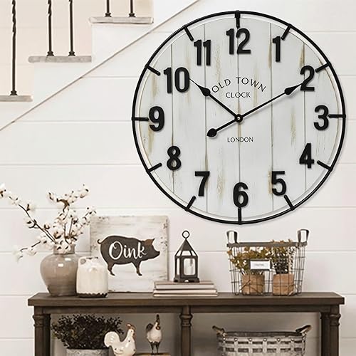 Reloj de pared grande con diseño de casa de campo antiguo de 24 pulgadas, madera rústica antigua con círculo de metal y números grandes, reloj