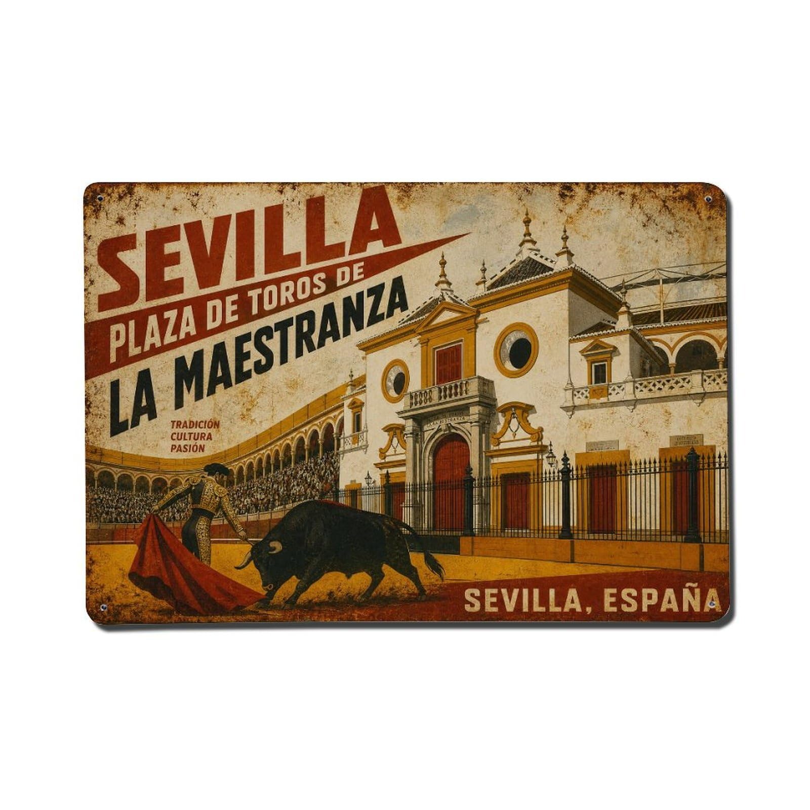 Vintage Travel Plaza Toros Maestranza Seville Bullring Metal Tin Sign