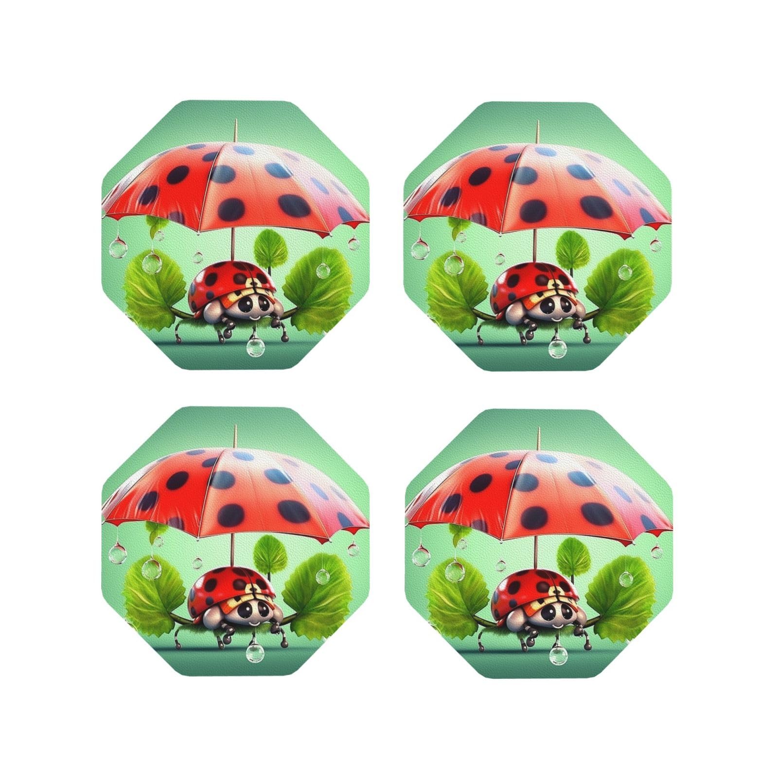 4Pcs PU Leather Coaster for Drinks, Funny Ladybug Holding Umbrellas Cup Coastersr 4" Cup Mat Pad, Aesthetic Drink Coasters for Coffee Table, Octagon Coaster for Tabletop Protection