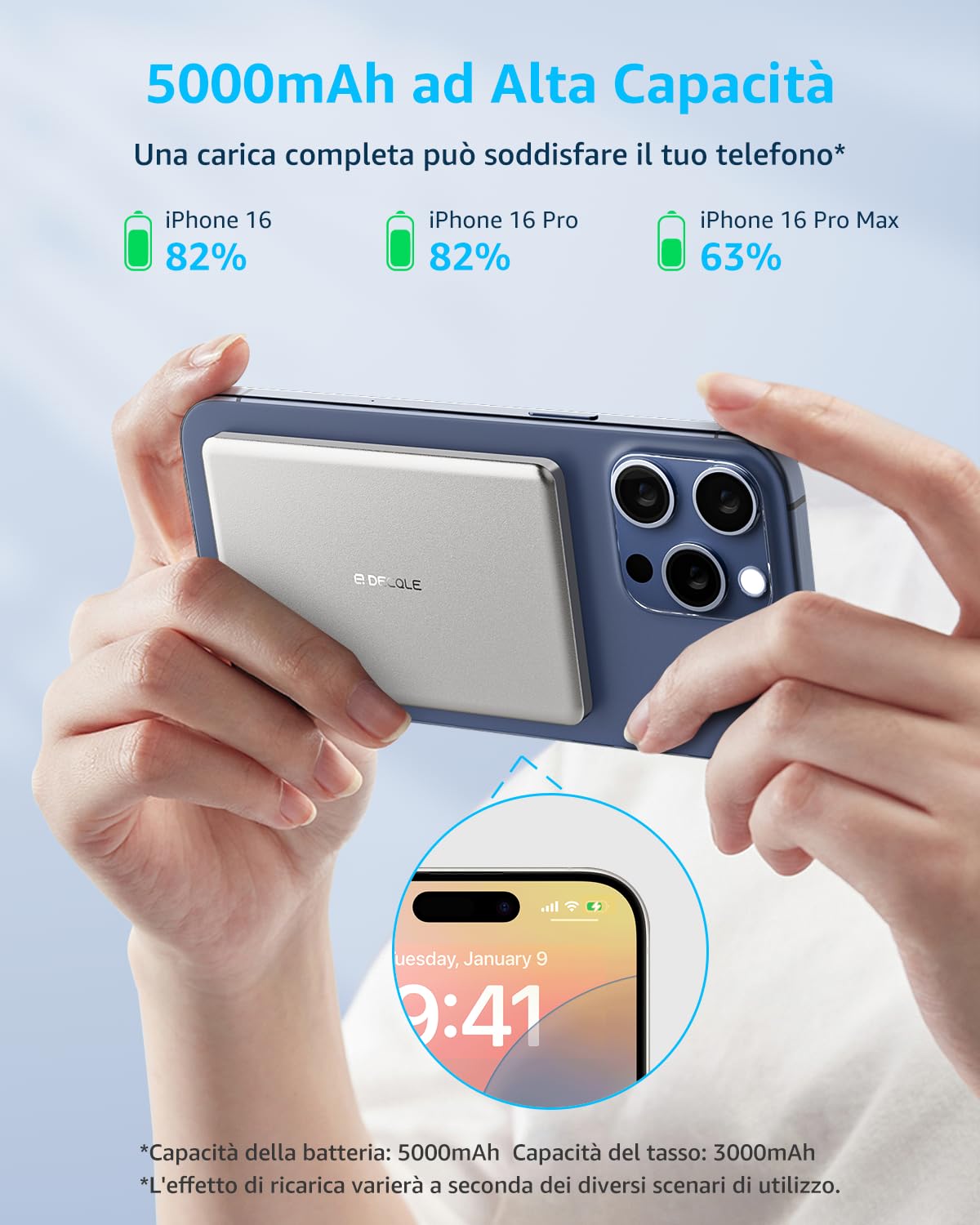 decqle “Air” Powerbank per MagSafe, 5000mAh Ultra Sottile Batteria Integrata Caricatore Portatile Wireless con Cavo USB-C, Solo per iPhone serie 17/16/15/14/13/12 (Argento)