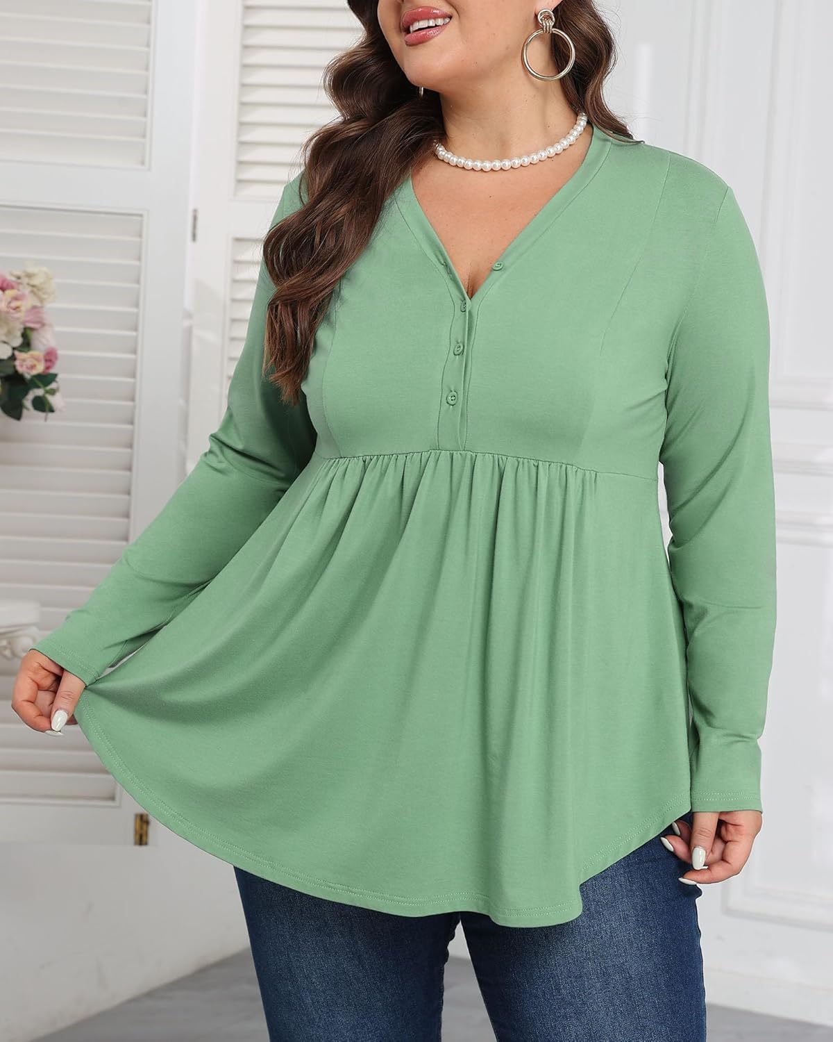 LOUSGUTA Womens Plus Size Tops Henley Shirts V Neck Button Tunic Tops Casual Long Sleeve Swing Flowy Blouse Loose Fit Blouse - Image 4