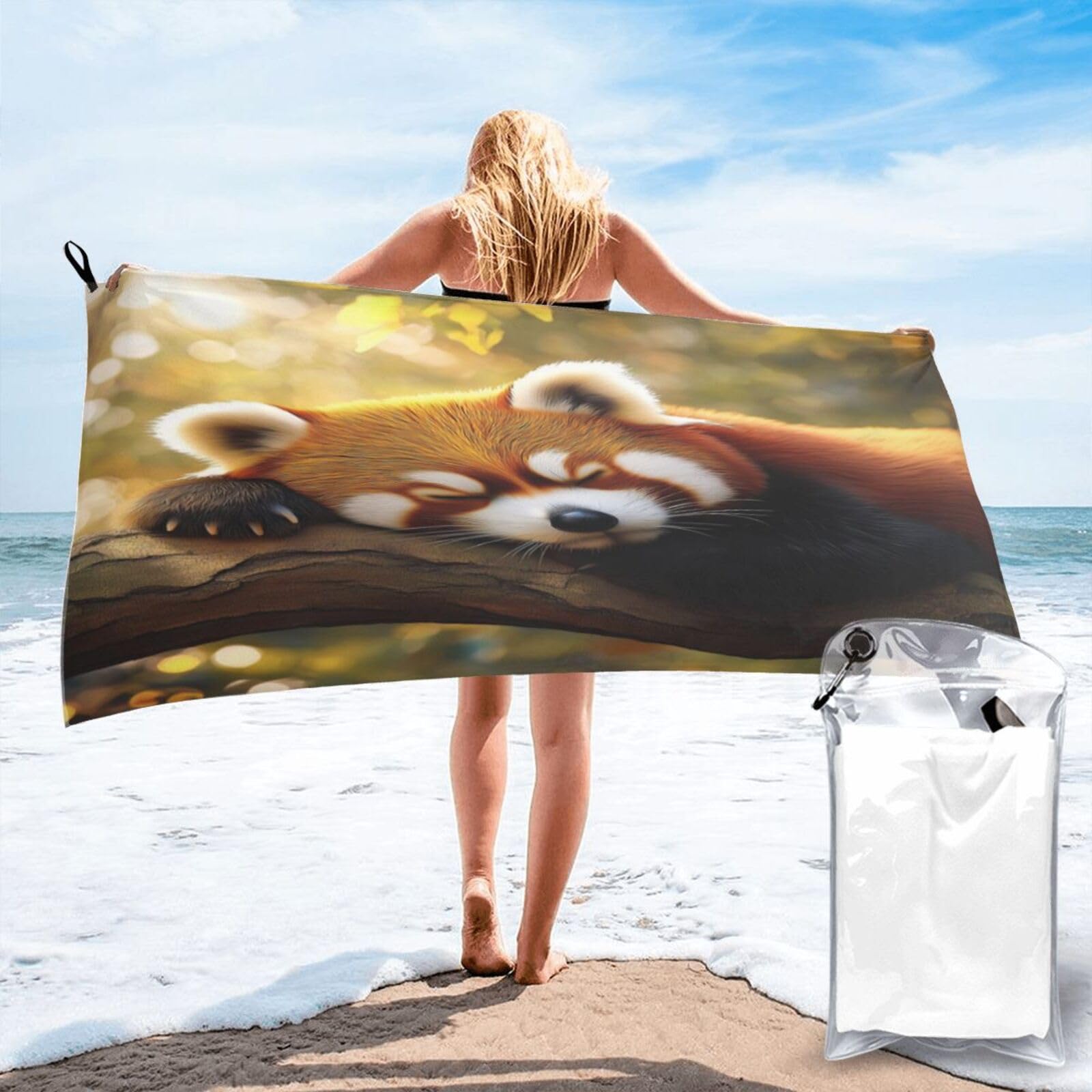 Anceky Sleeping Red Panda On Branch, Sunlit Quick Dry Microfiber Travel Towel with Carry Case and Carabiner 31.5"X63"