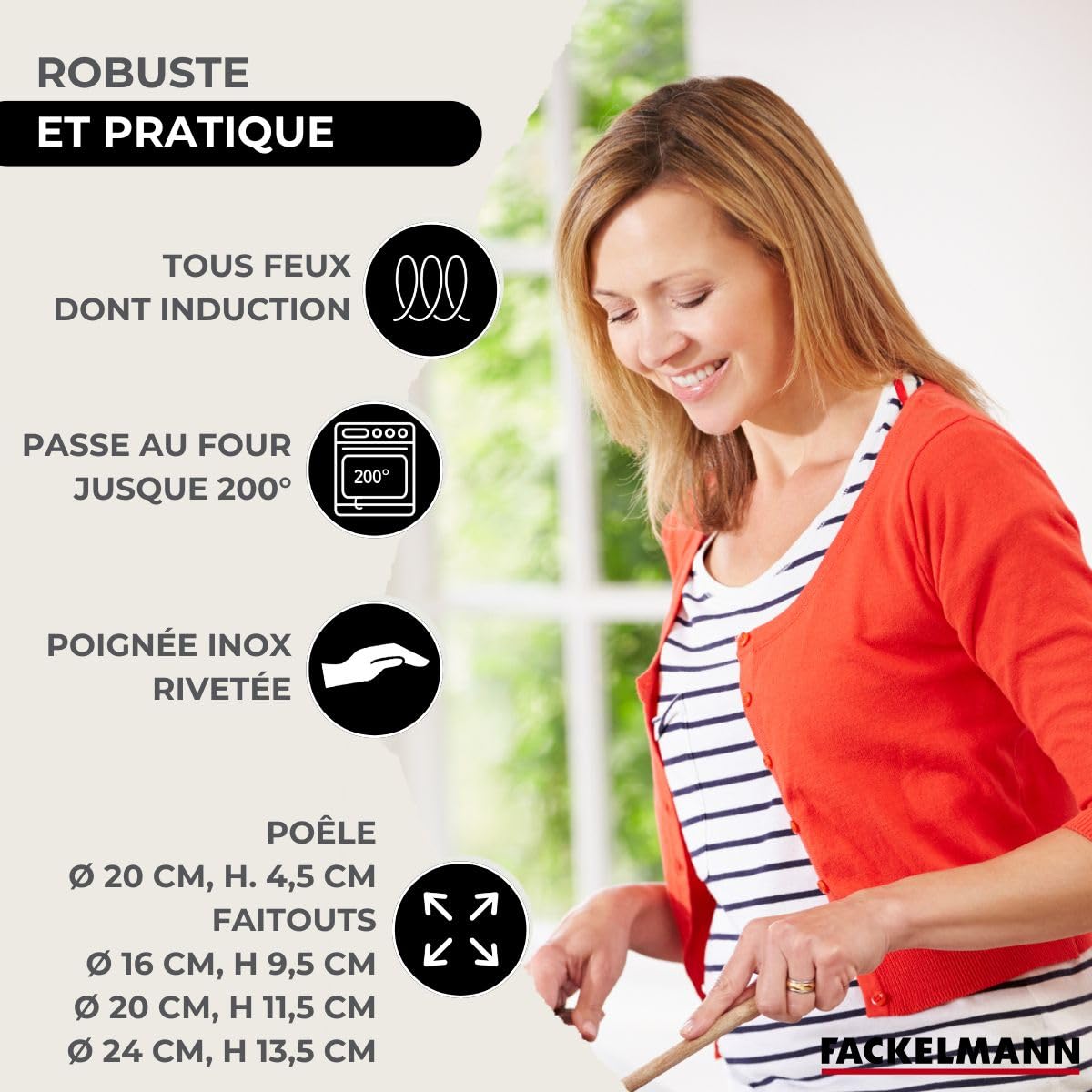 Fackelmann Batterie cuisine 5 pieces 16-24 cm + 5 ustensiles | Lot complet pour équiper la cuisson, 10 pièces avec faitouts 16 20 24 cm, Poêle inox 20 cm, Induction gaz vitrocéramique